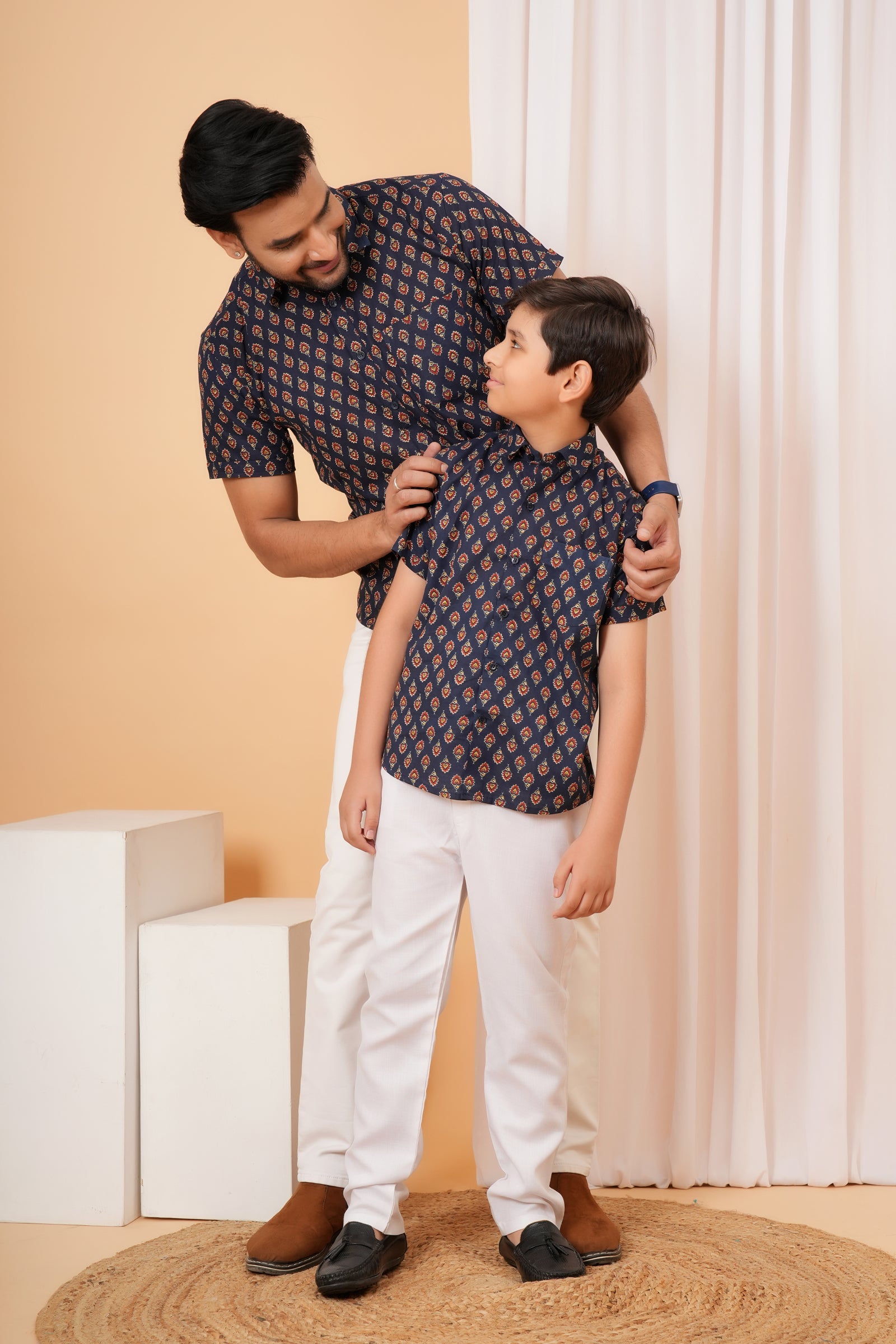 Navy Blue Ajrakh Inspired Printed Cotton Baap Beta Shirt