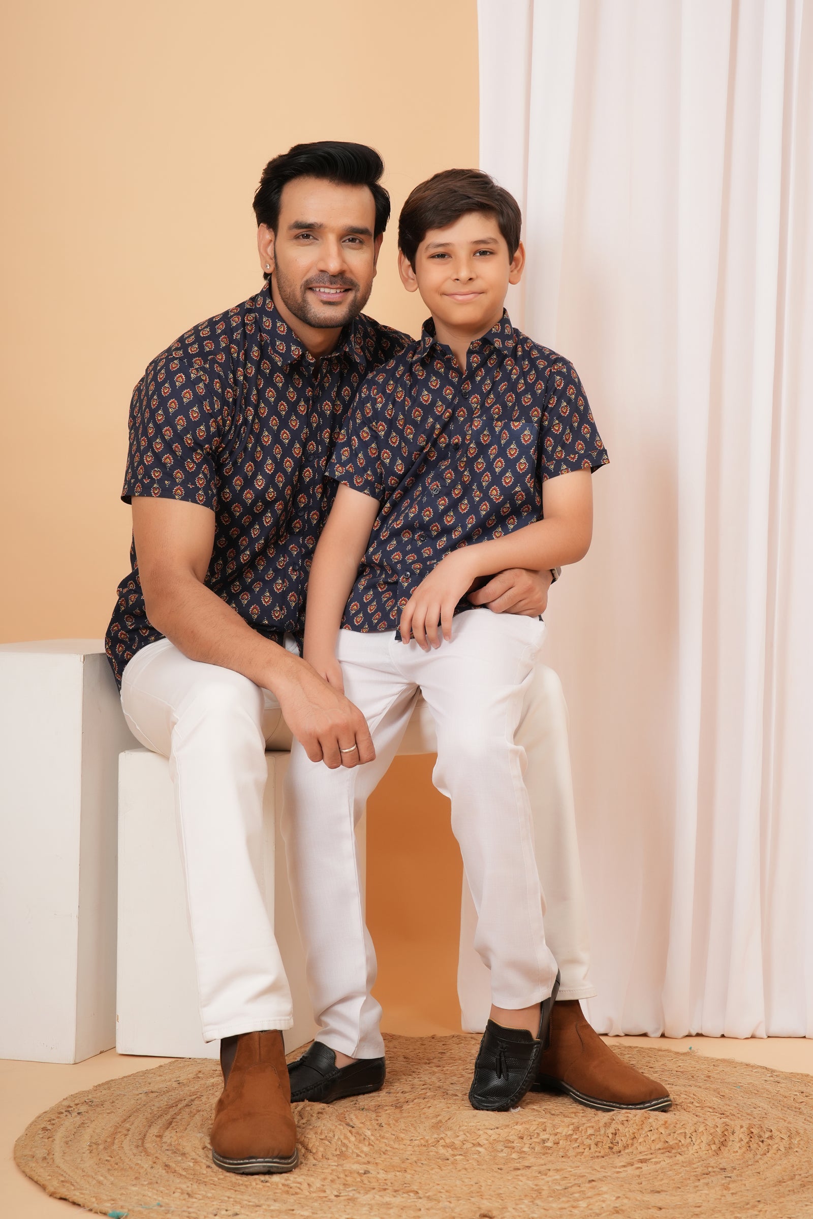 Navy Blue Ajrakh Inspired Printed Cotton Baap Beta Shirt