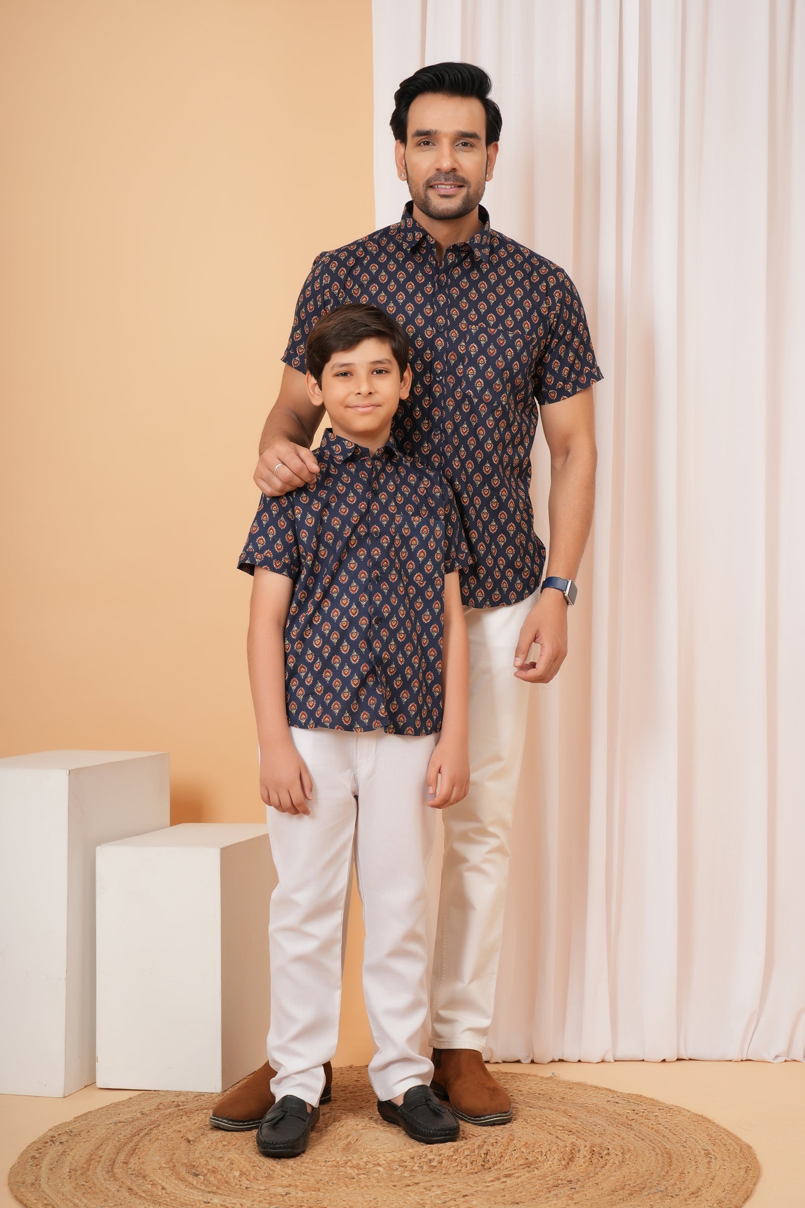 Navy Blue Ajrakh Inspired Printed Cotton Baap Beta Shirt