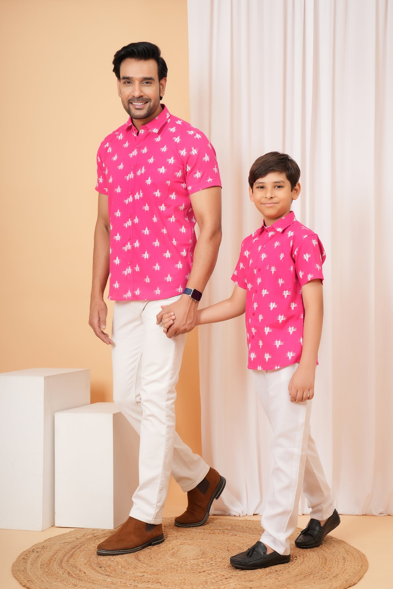 Pink Motif Printed Cotton Baap Beta Duo Shirt