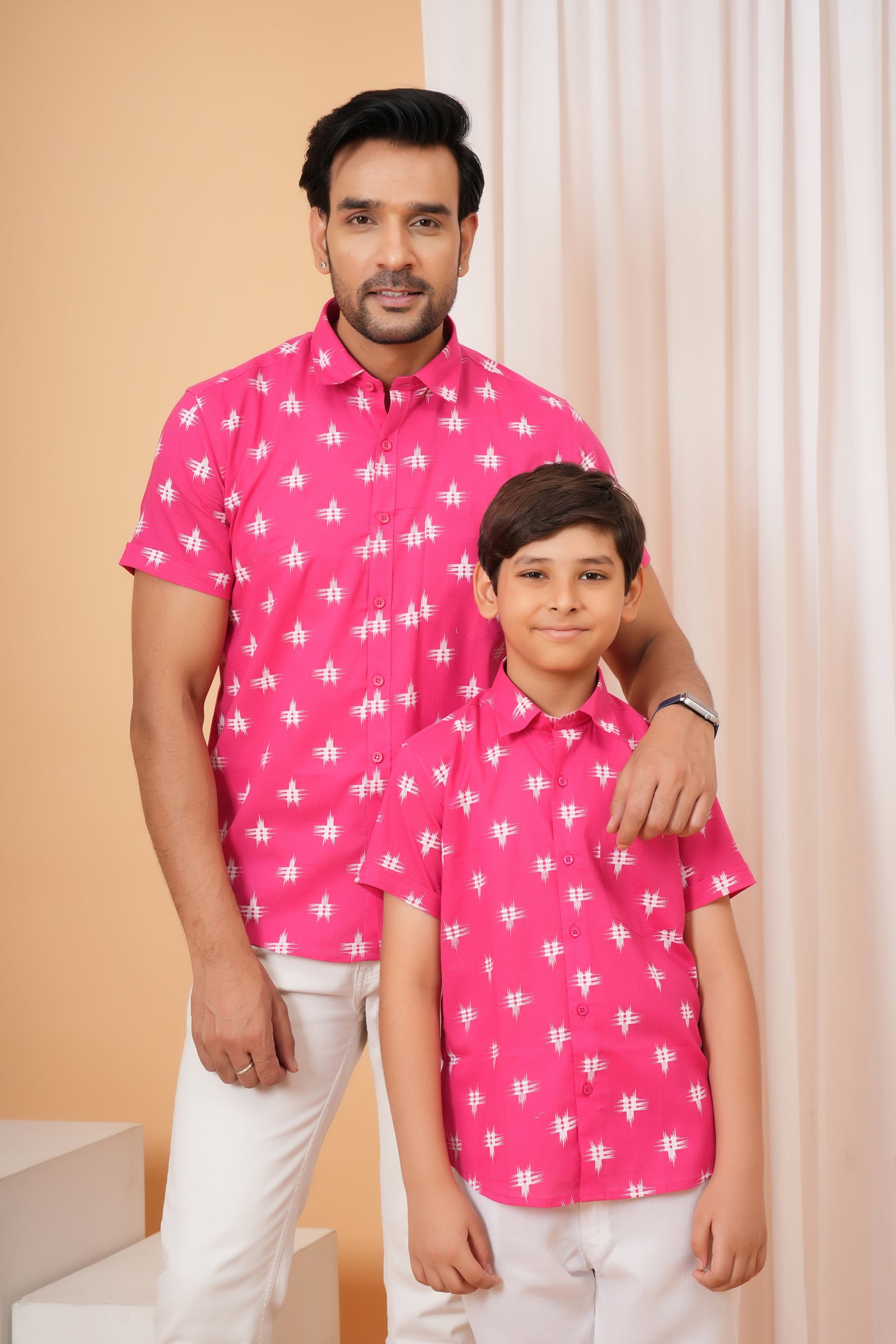 Pink Motif Printed Cotton Baap Beta Duo Shirt