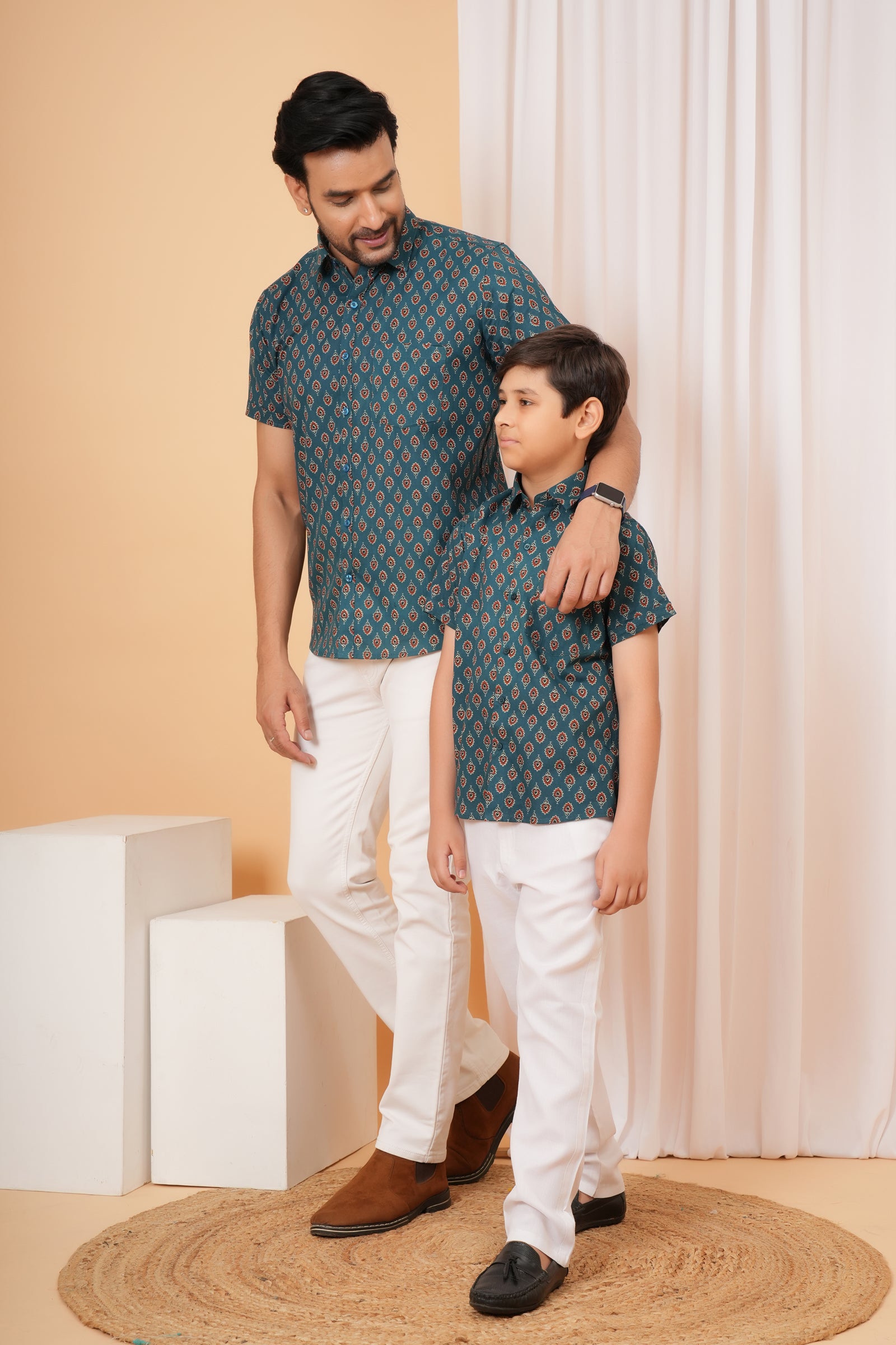 Peacock Green Ajrakh Inspired Printed Cotton Baap Beta Duo Shirt