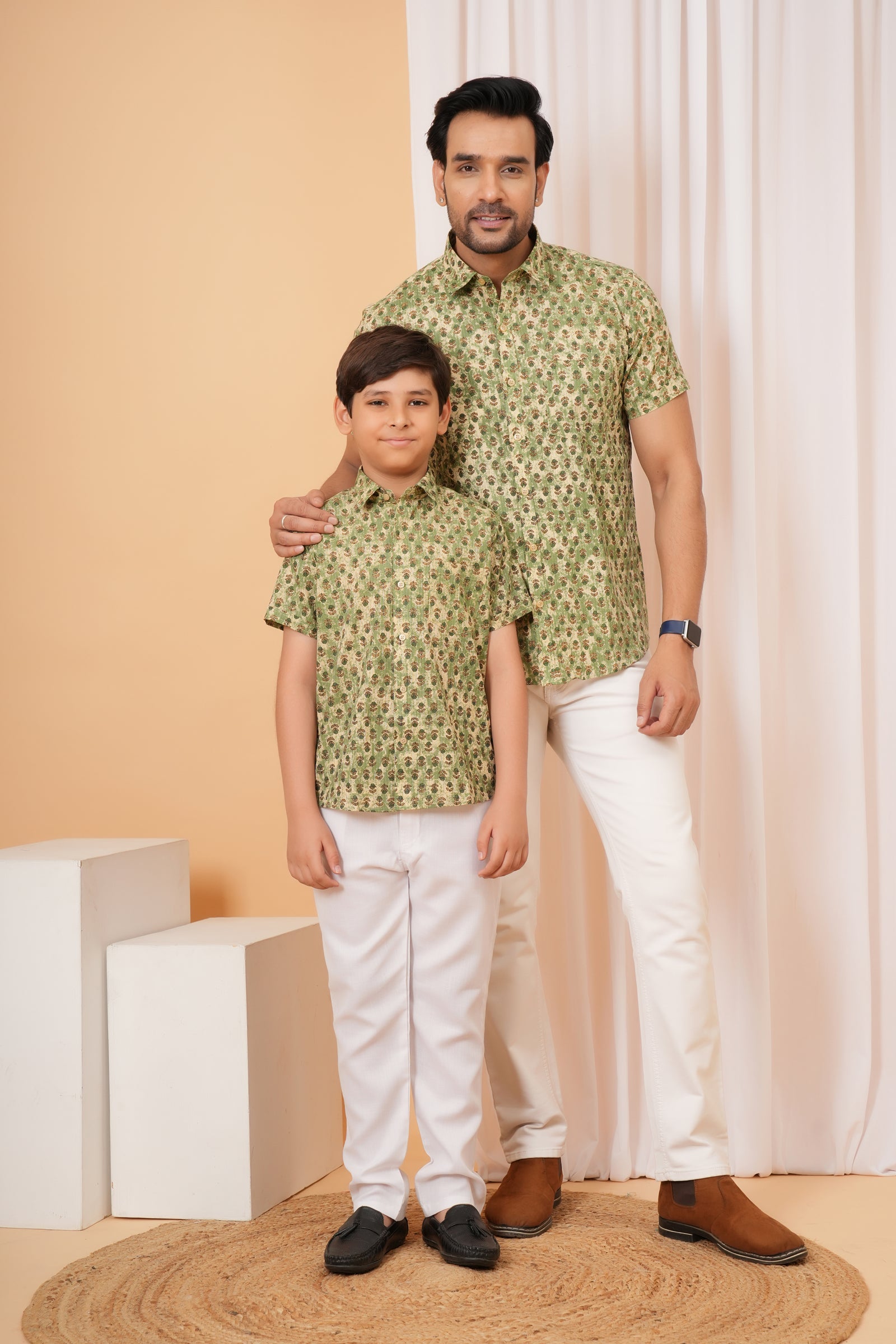Sage Green Vintage Floral Motif Cotton Baap Beta Duo Shirt