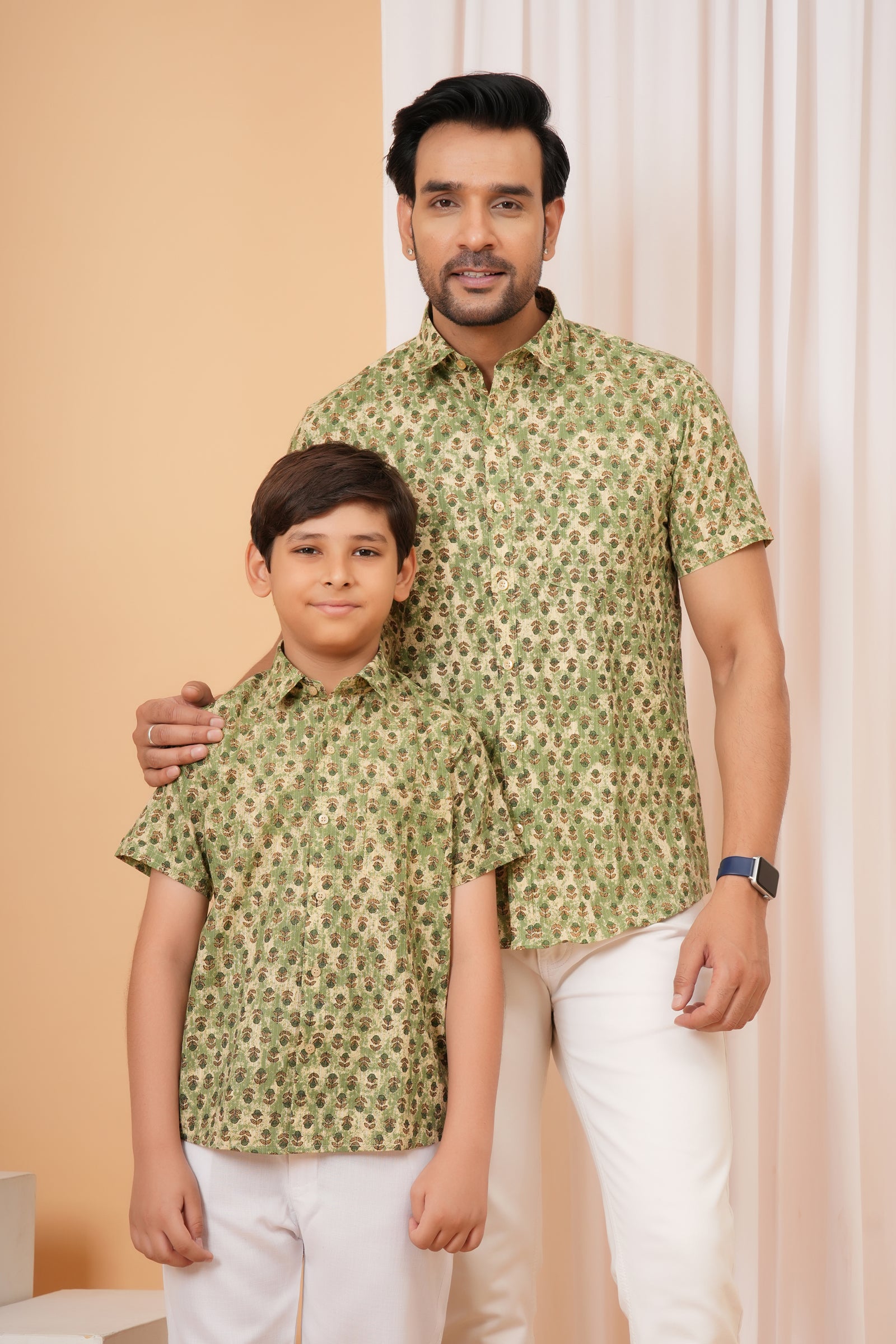 Sage Green Vintage Floral Motif Cotton Baap Beta Duo Shirt
