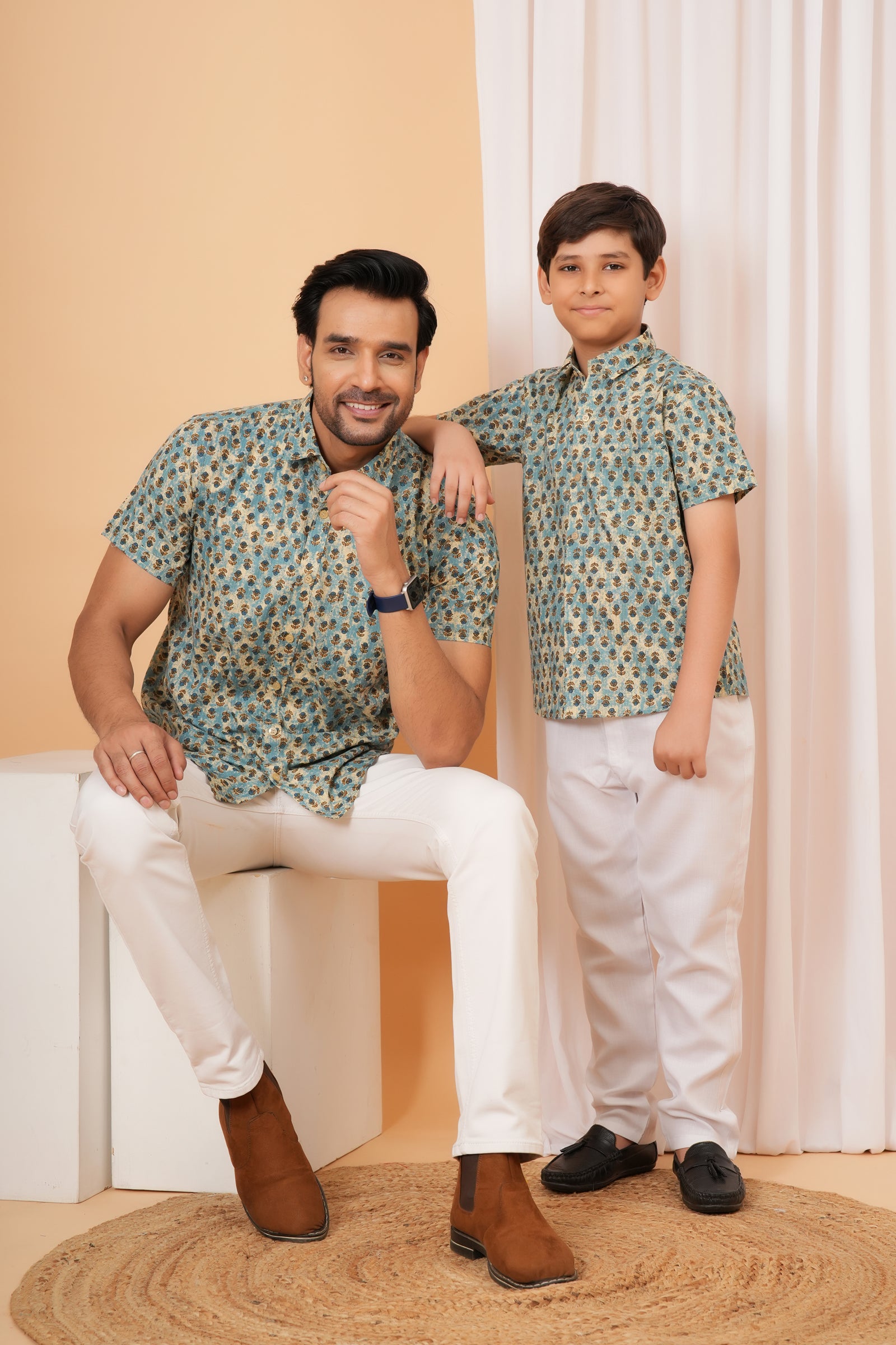 Blue Vintage Floral Motif Cotton Baap Beta Duo Shirt