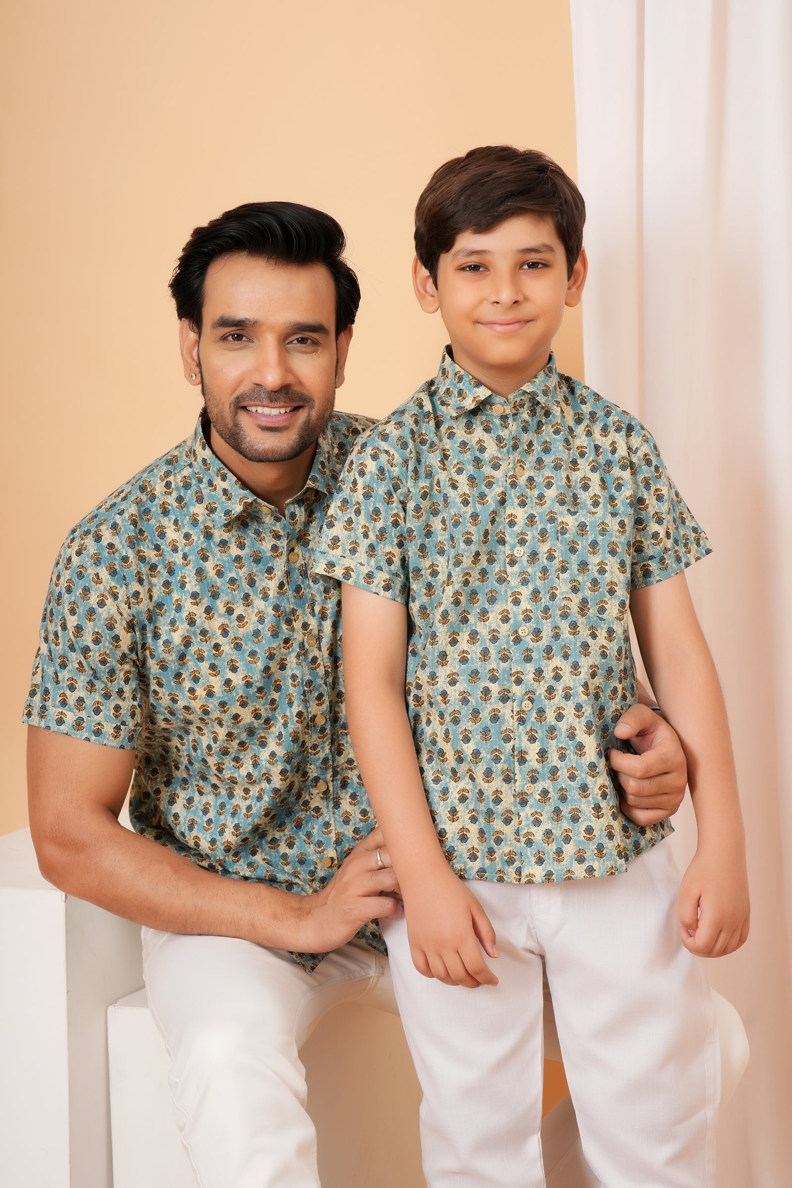 Blue Vintage Floral Motif Cotton Baap Beta Duo Shirt