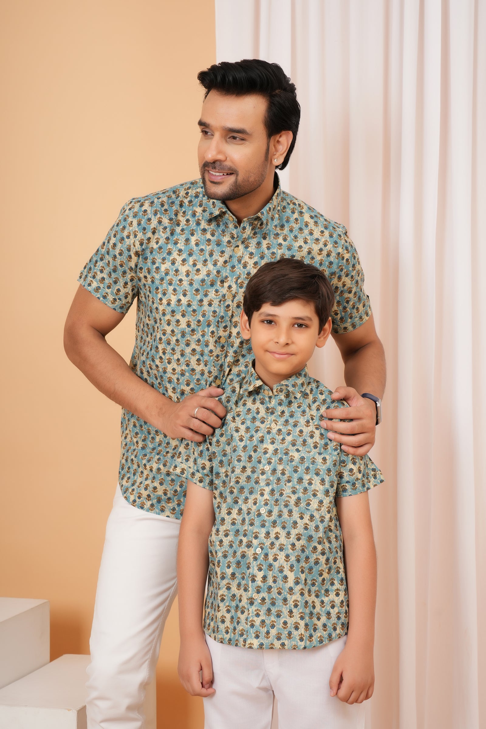 Blue Vintage Floral Motif Cotton Baap Beta Duo Shirt