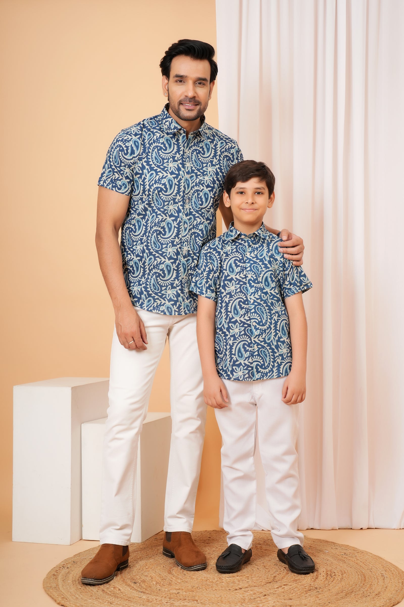Blue Floral Printed Cotton Baap Beta Duo Shirt