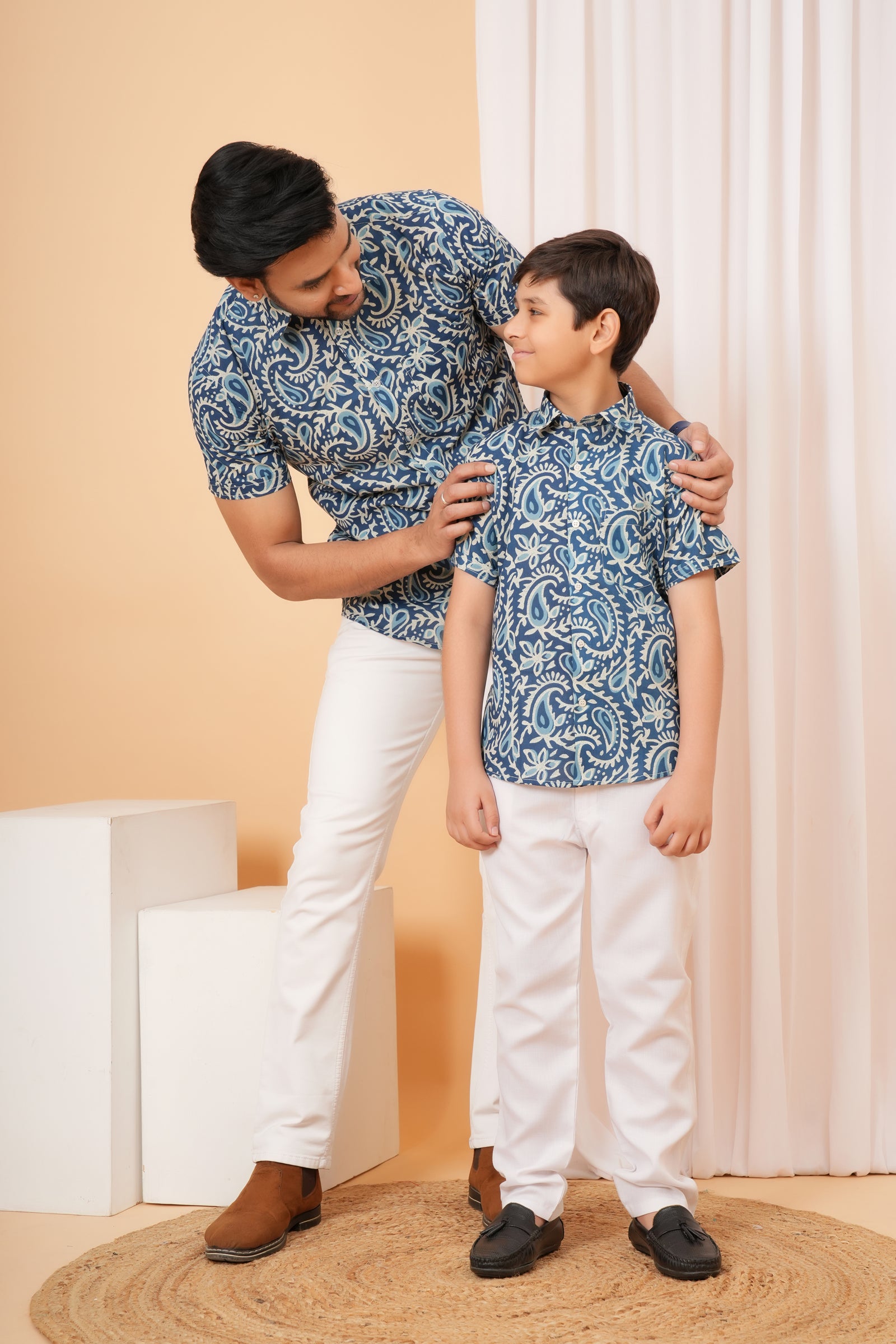 Blue Floral Printed Cotton Baap Beta Duo Shirt