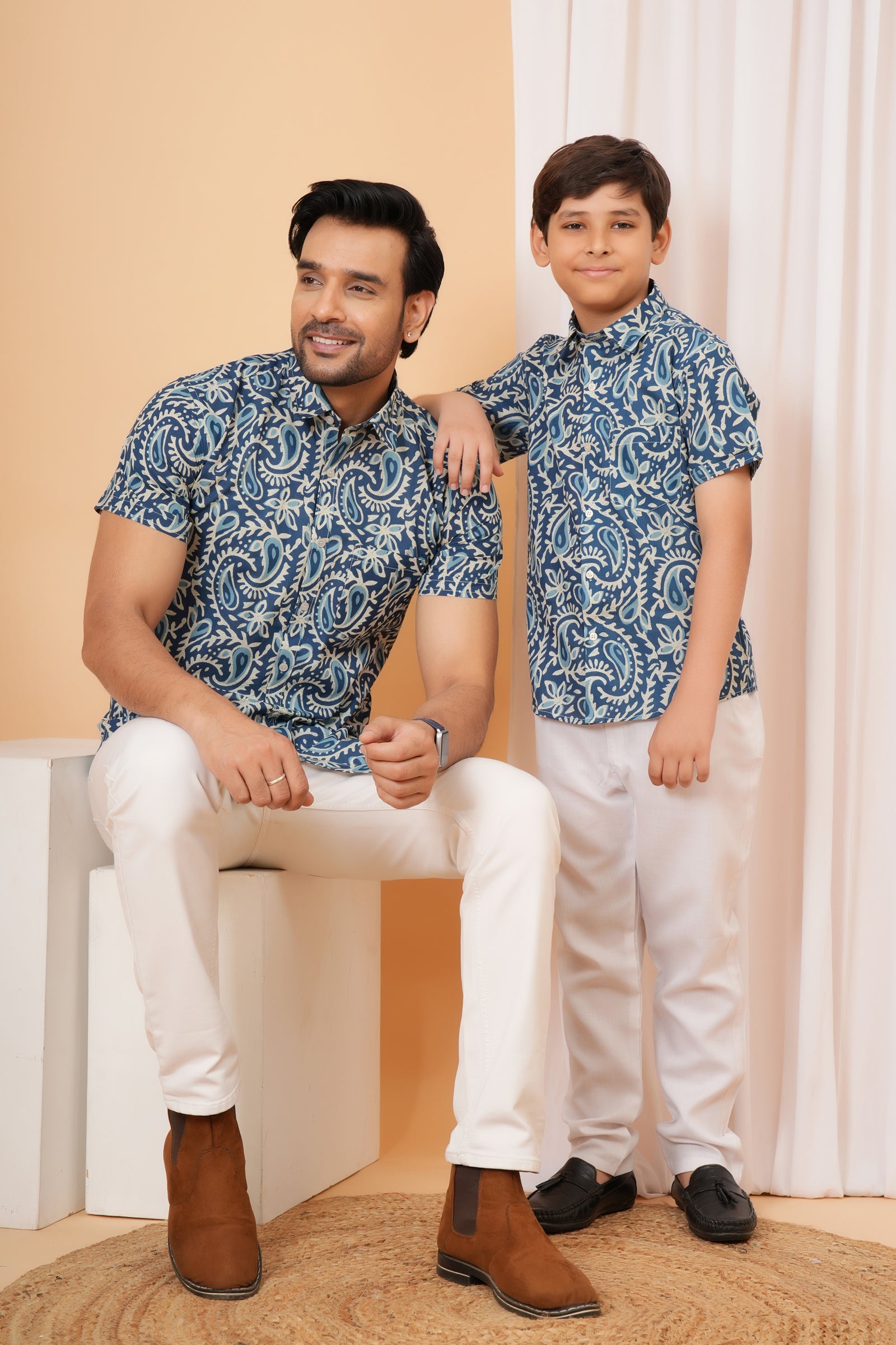 Blue Floral Printed Cotton Baap Beta Duo Shirt
