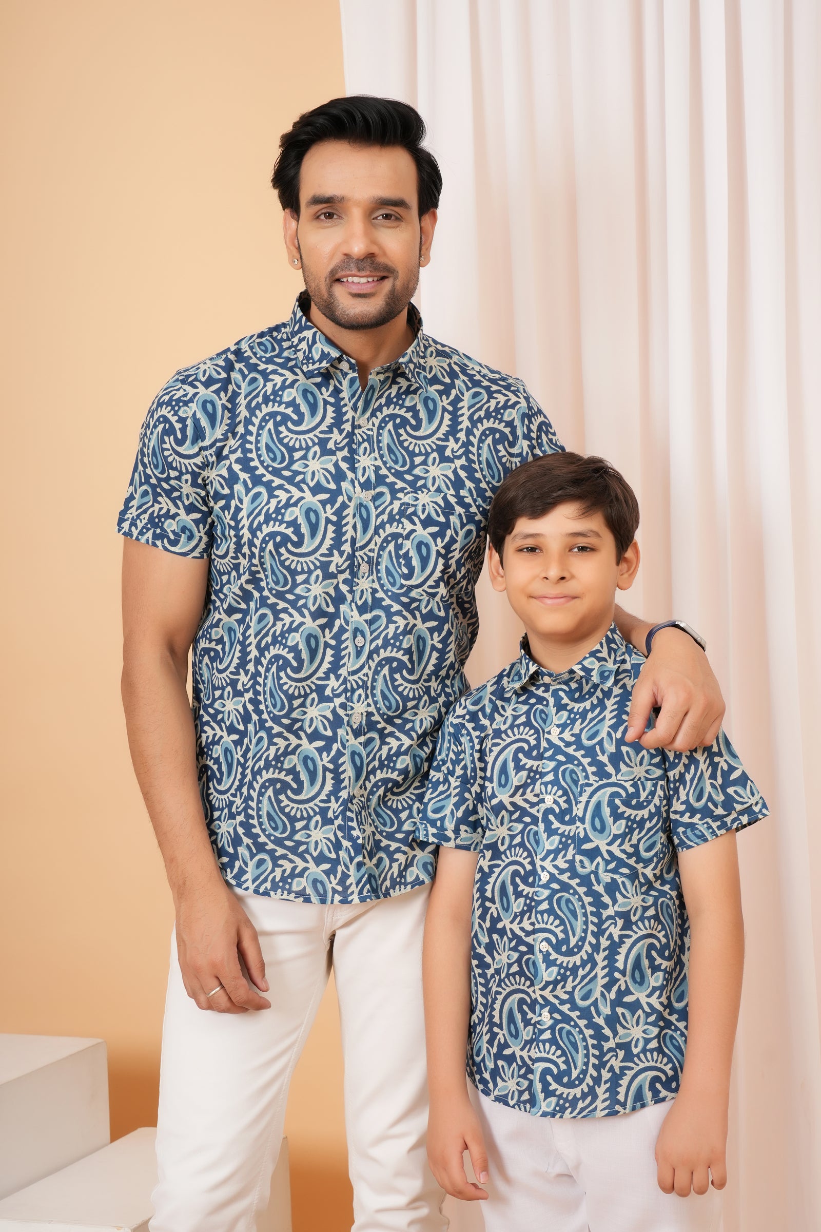 Blue Floral Printed Cotton Baap Beta Duo Shirt
