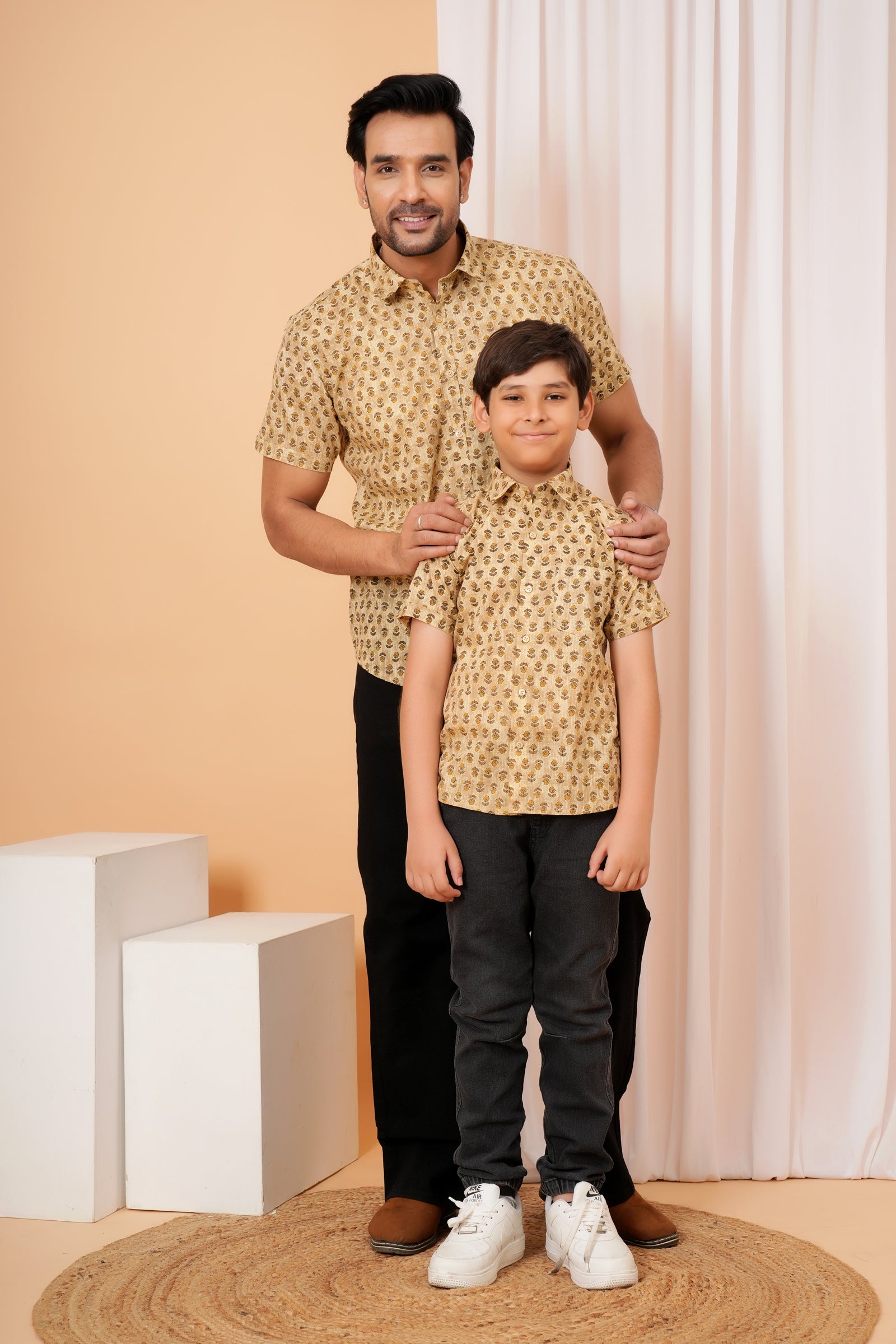 Beige Vintage Floral Motif Cotton Baap Beta Duo Shirt
