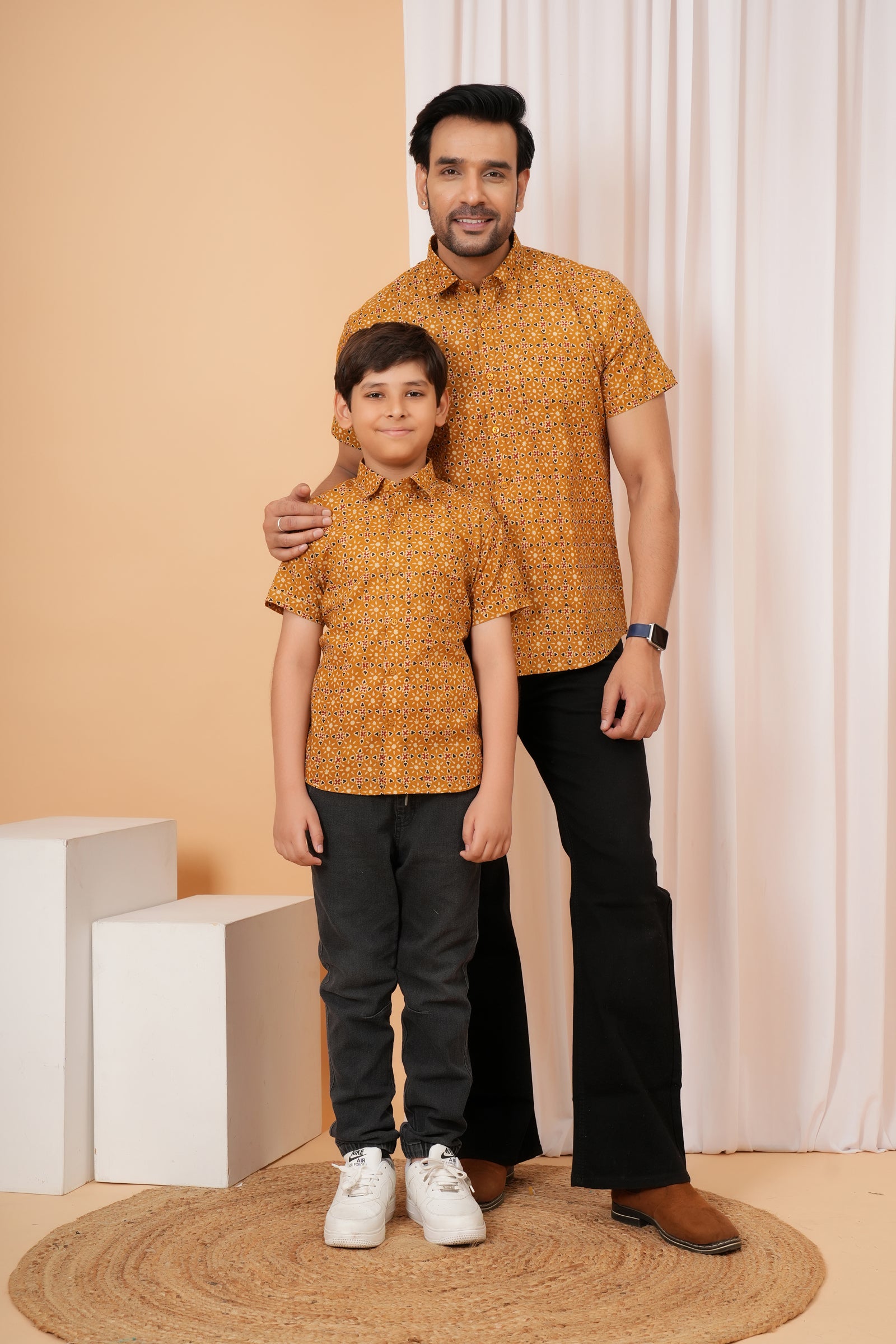 Mustard Ajrakh inspired Printed Cotton Baap Beta Duo Shirt