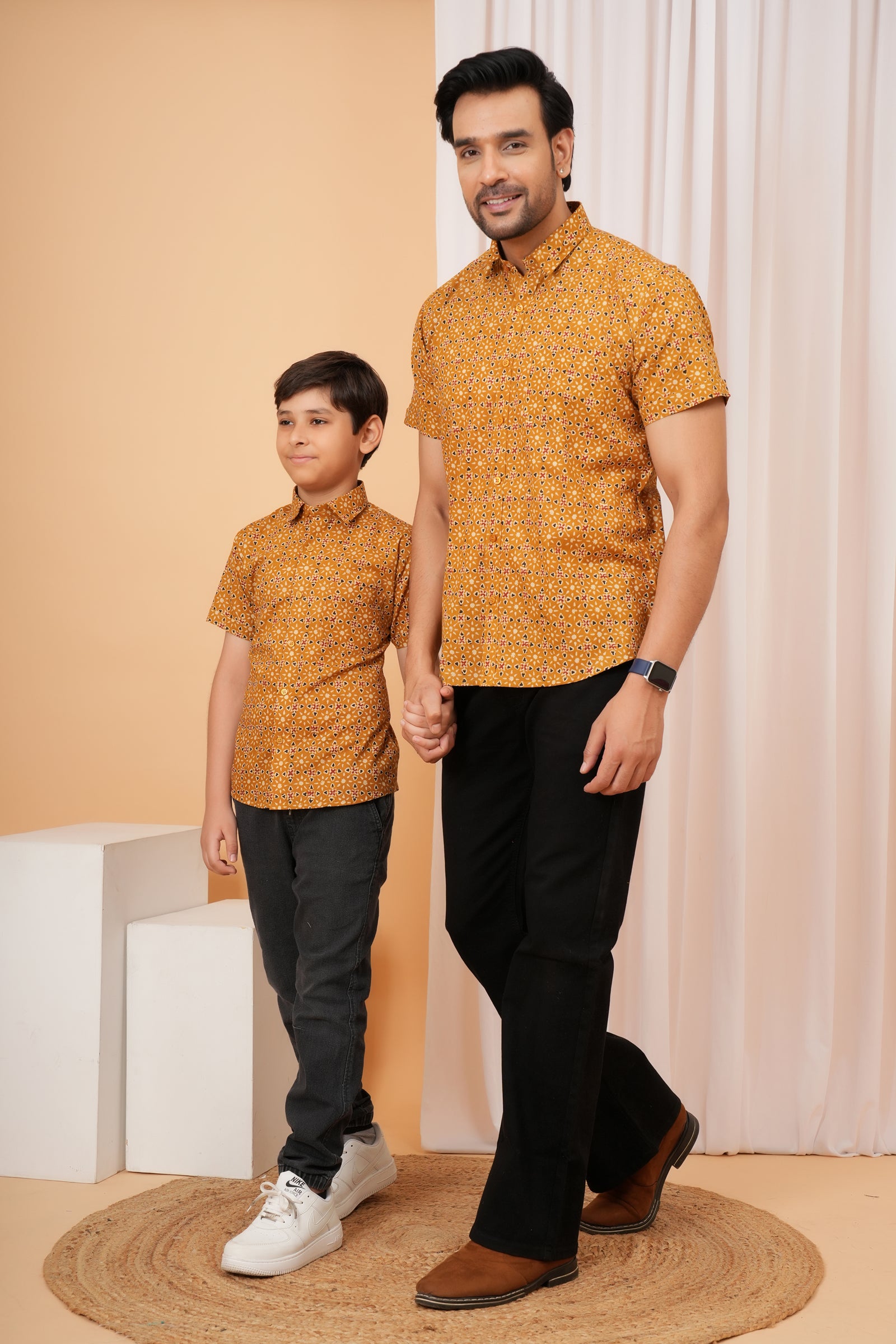 Mustard Ajrakh inspired Printed Cotton Baap Beta Duo Shirt