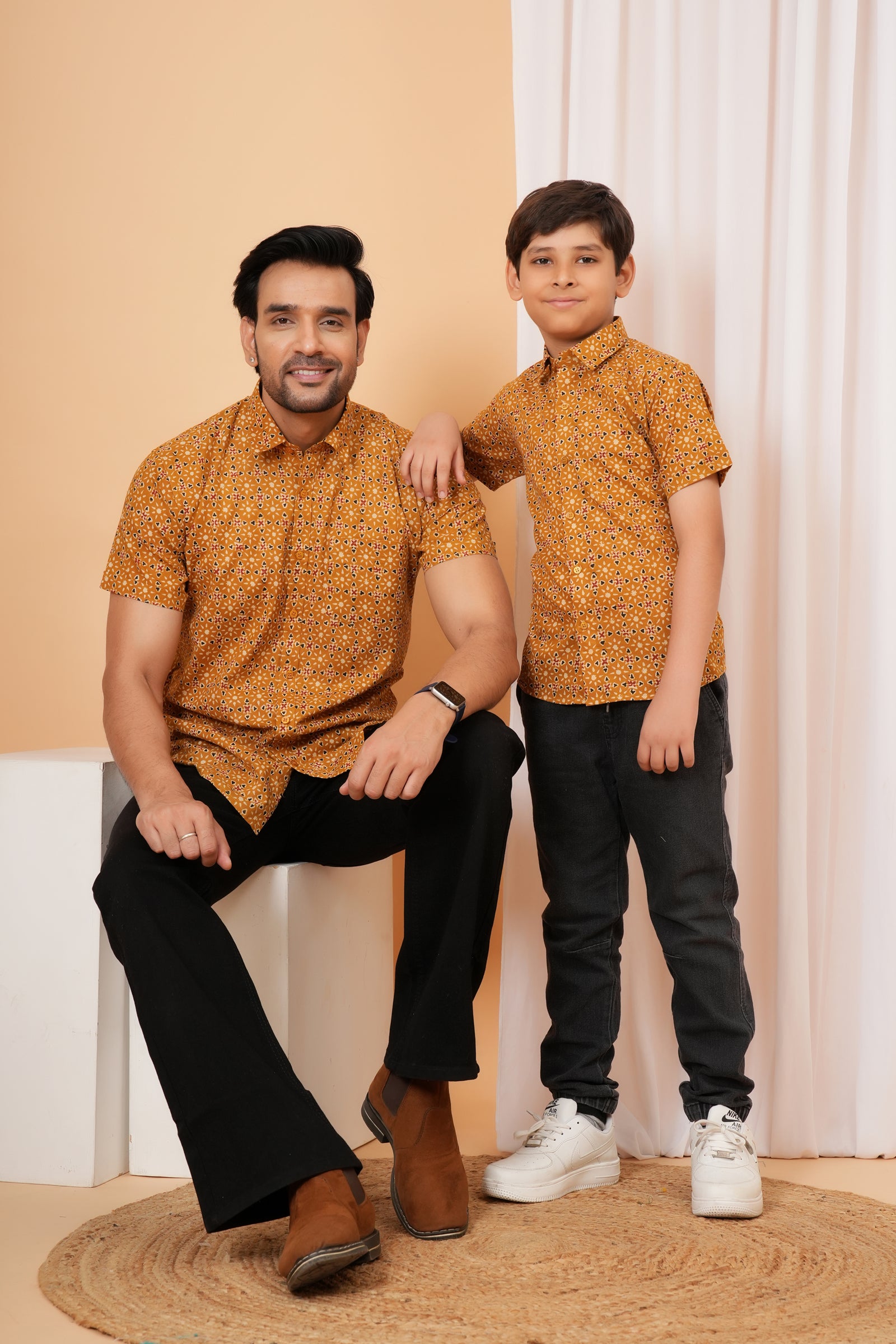 Mustard Ajrakh inspired Printed Cotton Baap Beta Duo Shirt