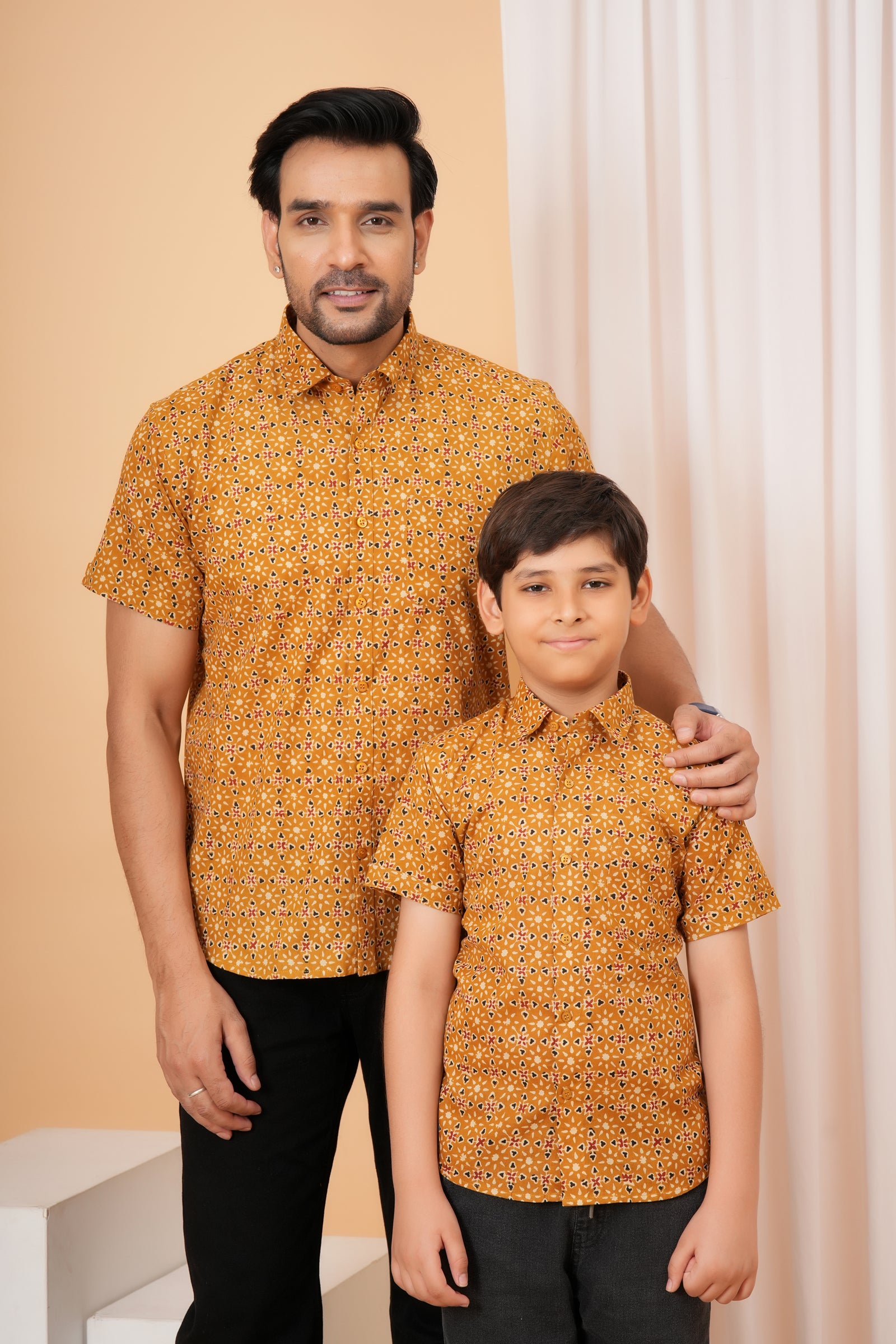 Mustard Ajrakh inspired Printed Cotton Baap Beta Duo Shirt