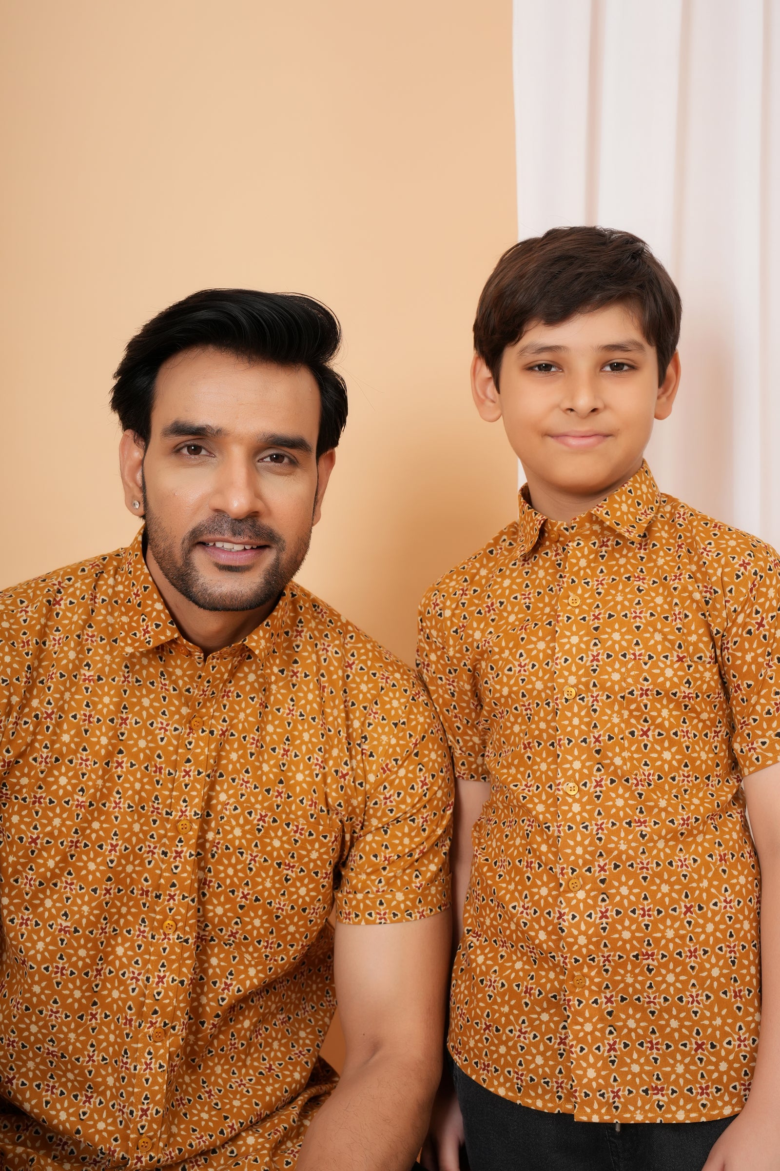 Mustard Ajrakh inspired Printed Cotton Baap Beta Duo Shirt