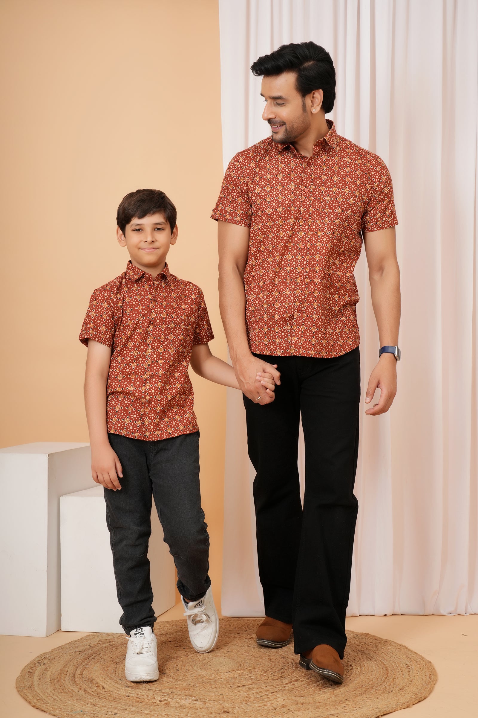 Brick Red Tribal Block Printed Cotton Baap Beta Shirt