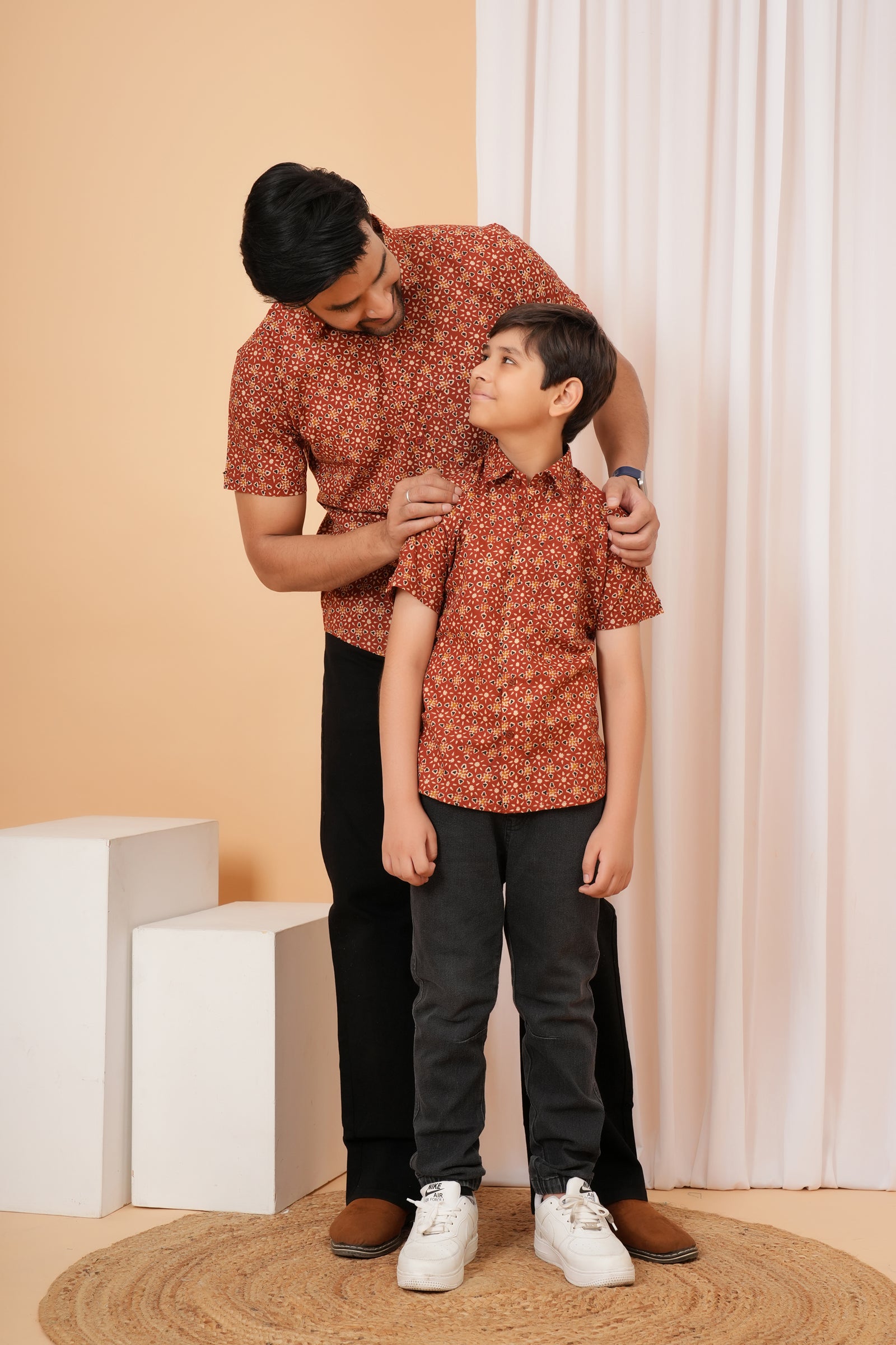 Brick Red Tribal Block Printed Cotton Baap Beta Shirt