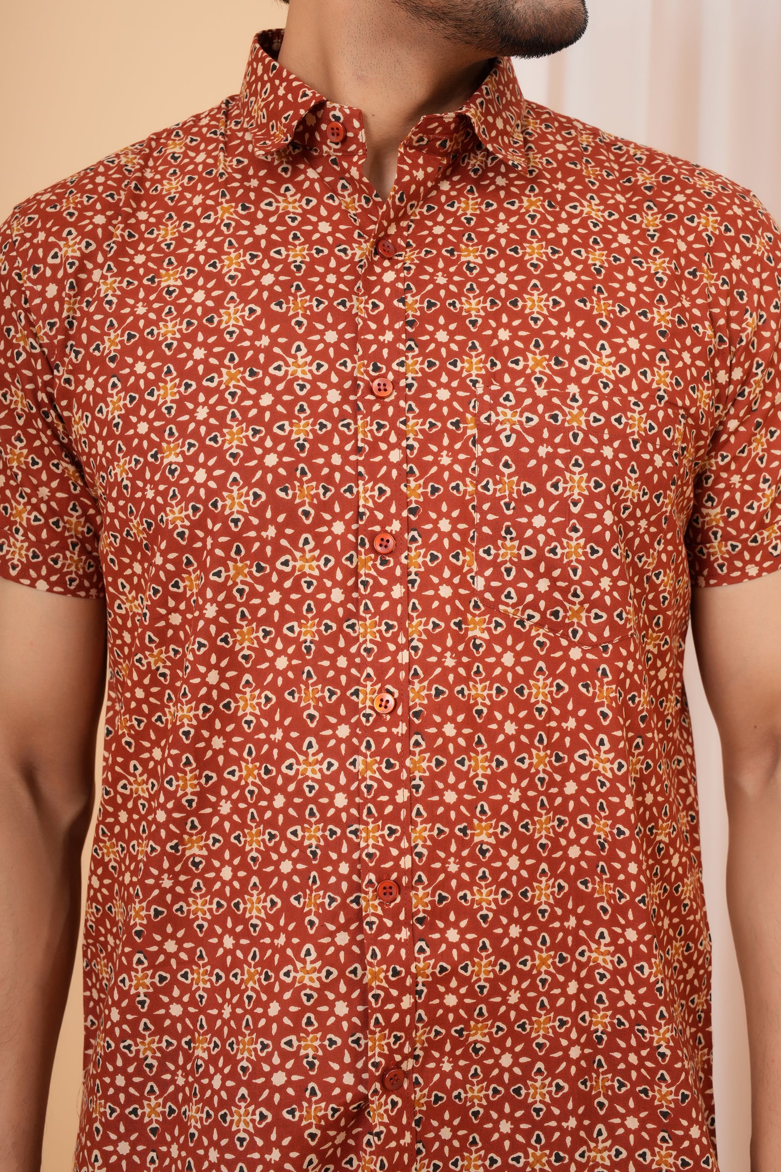 Brick Red Tribal Block Printed Cotton Baap Beta Shirt