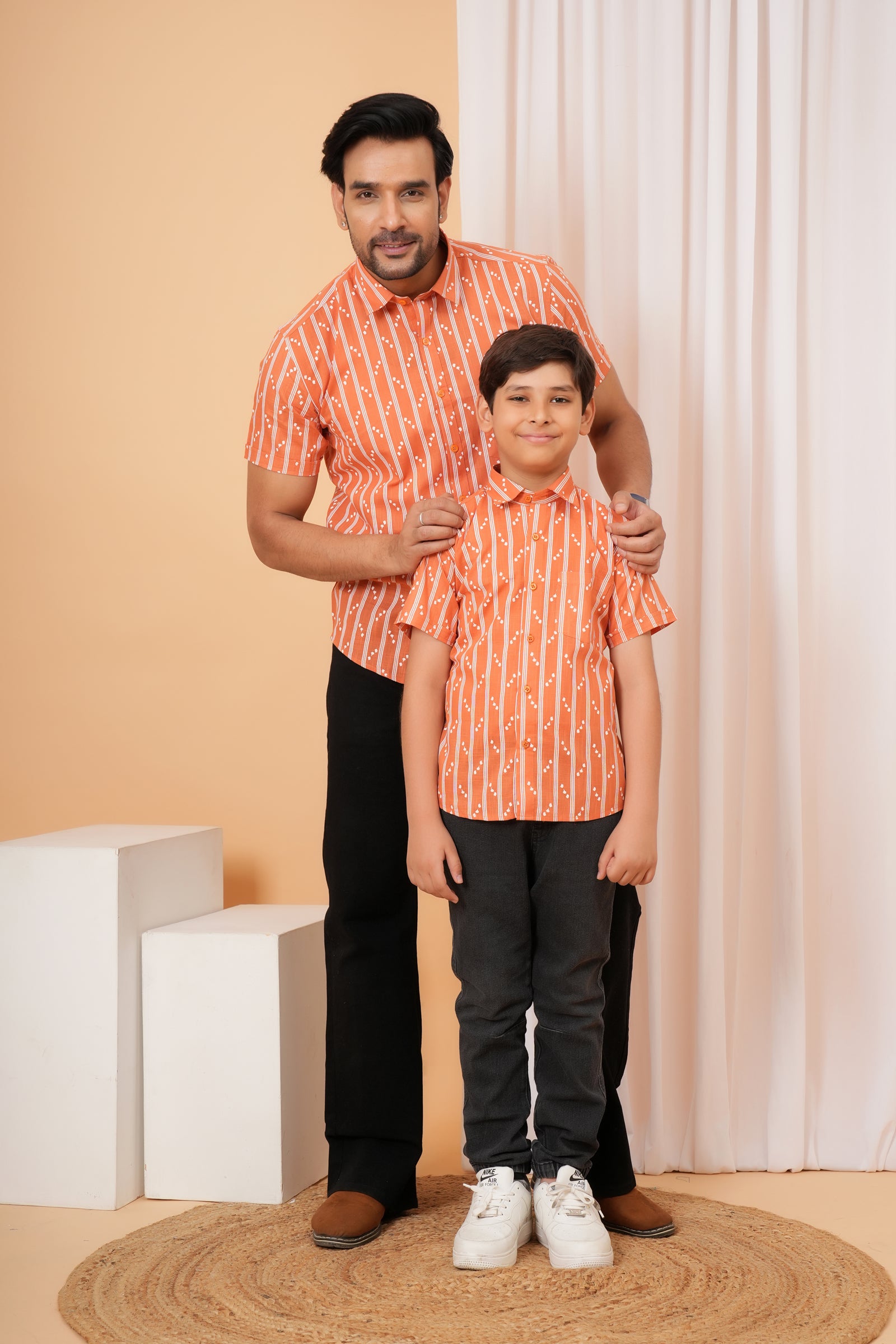 Rust Orange Ethnic Stripe Cotton Baap Beta Duo Shirt