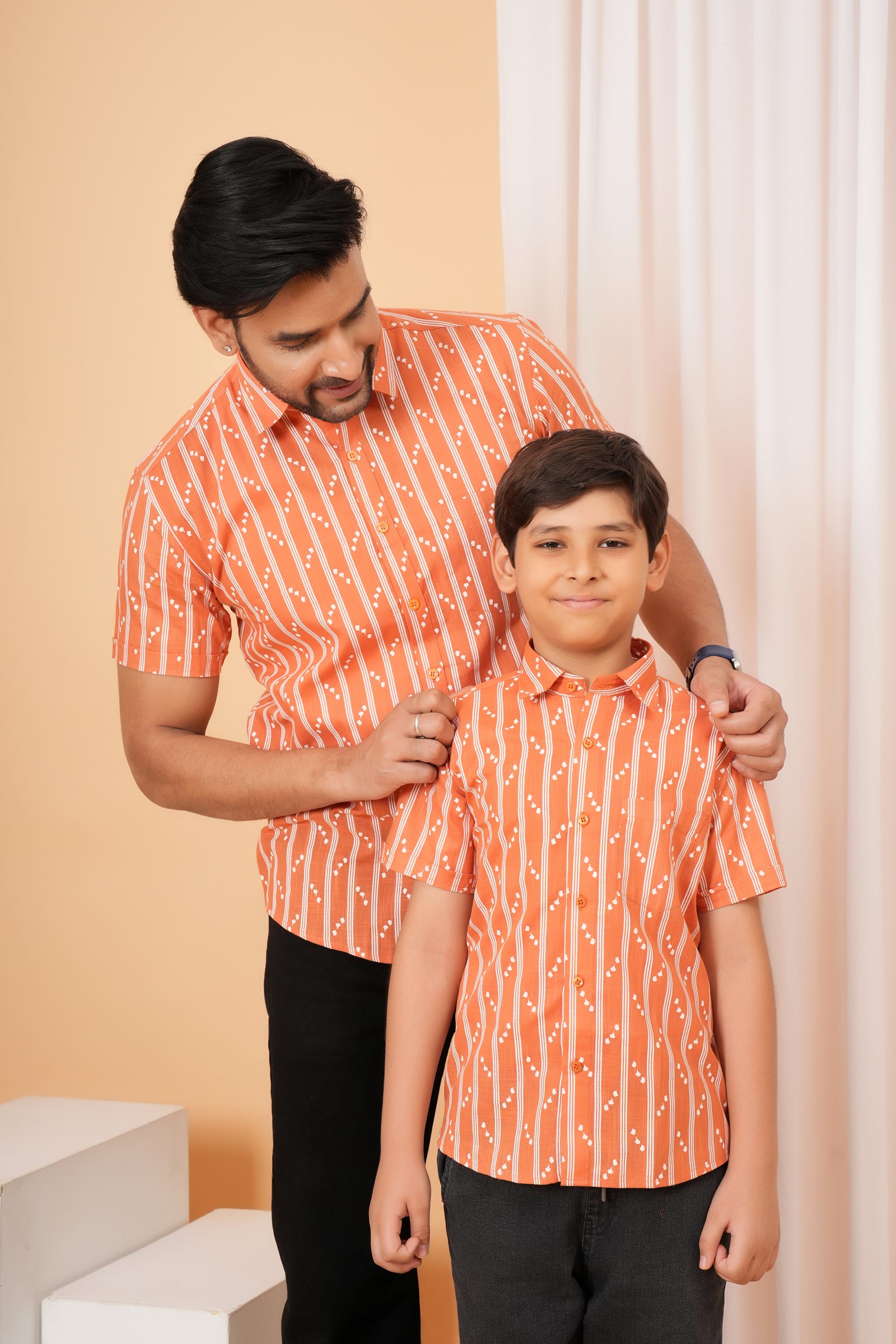 Rust Orange Ethnic Stripe Cotton Baap Beta Duo Shirt