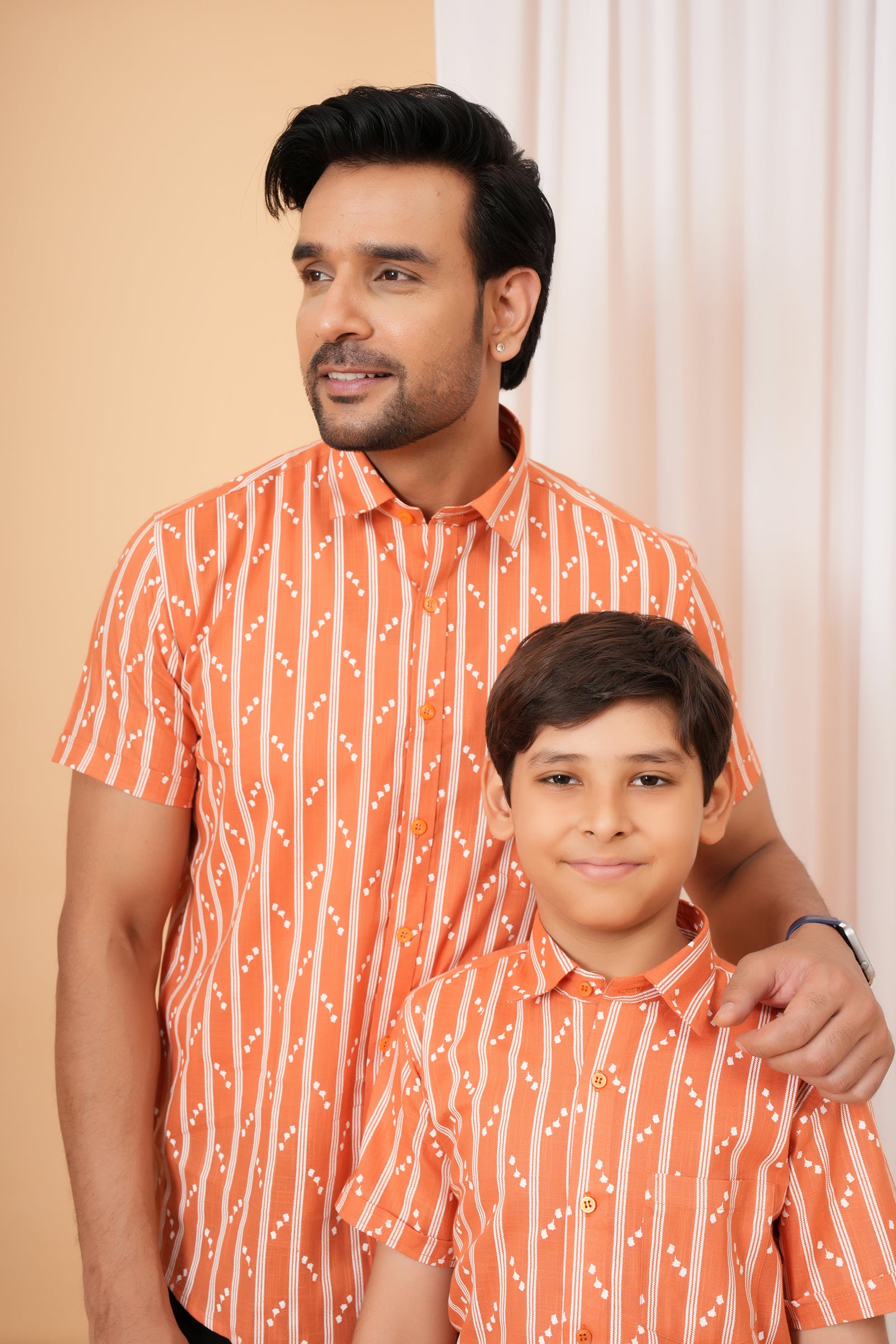 Rust Orange Ethnic Stripe Cotton Baap Beta Duo Shirt