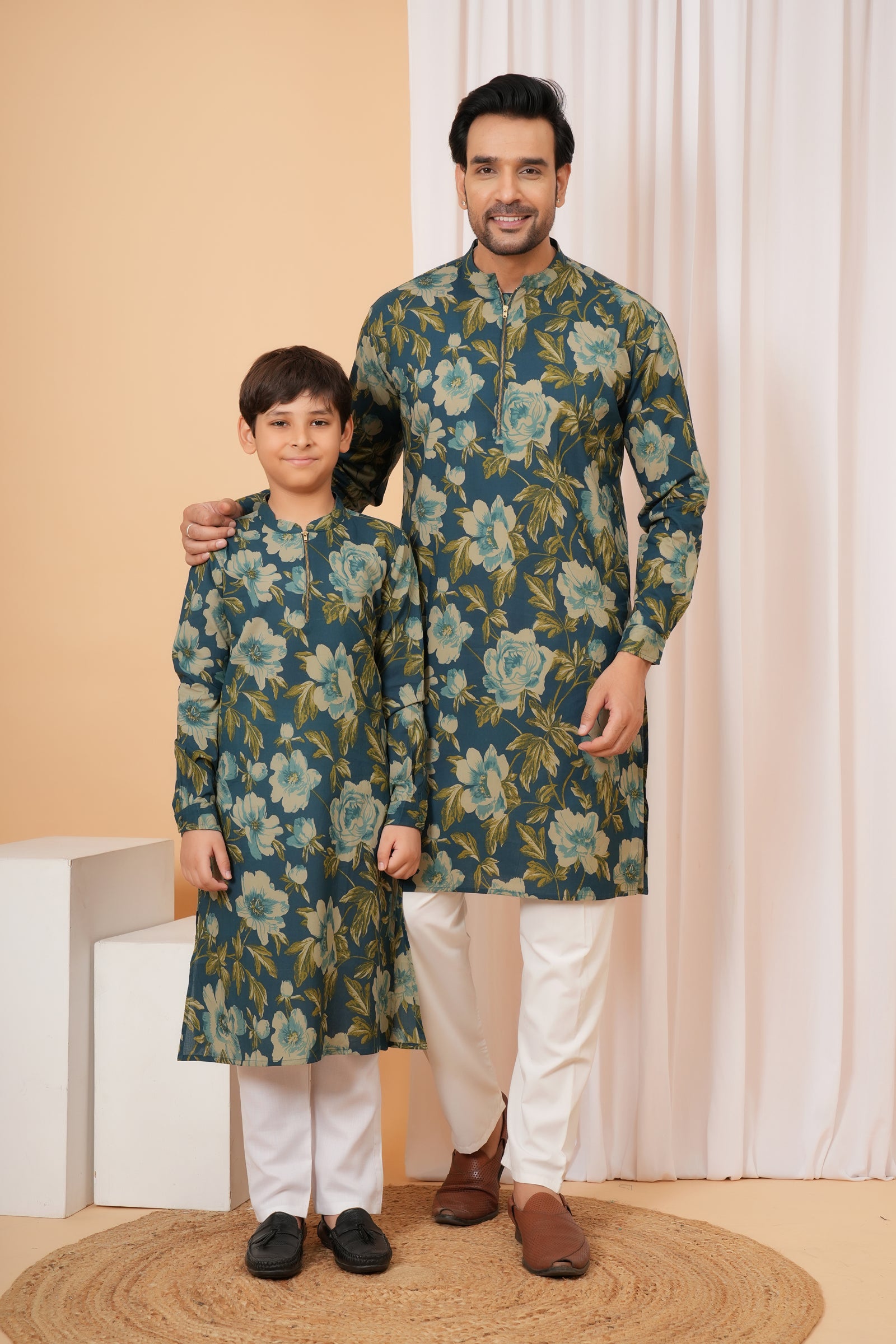 Navy Blue Floral Print Kurta Baap Beta Duo