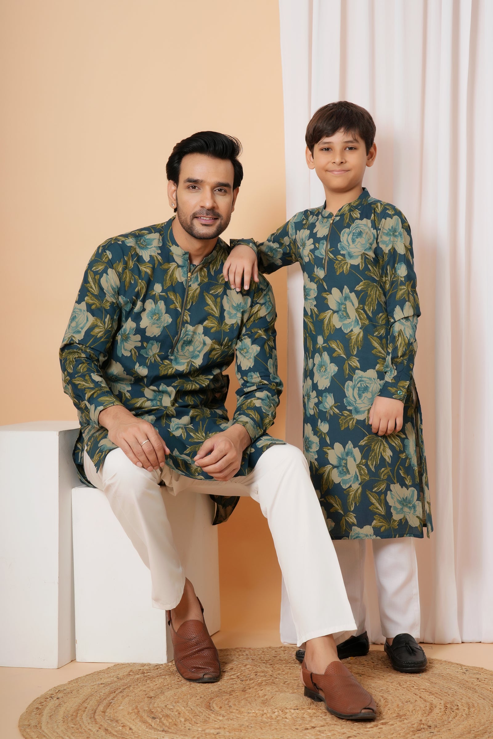Navy Blue Floral Print Kurta Baap Beta Duo