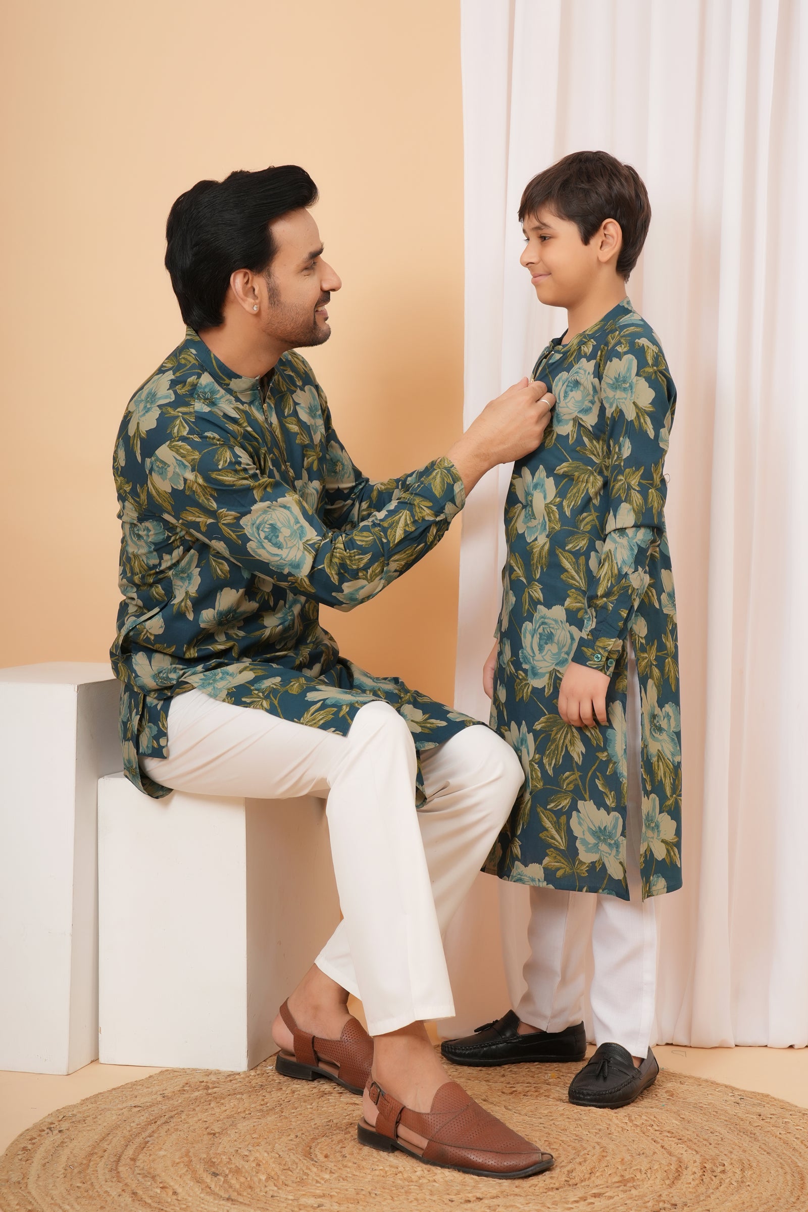Navy Blue Floral Print Kurta Baap Beta Duo