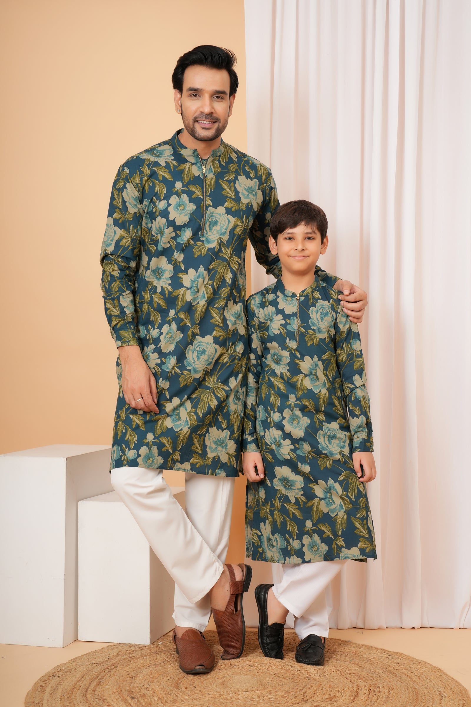 Navy Blue Floral Print Kurta Baap Beta Duo