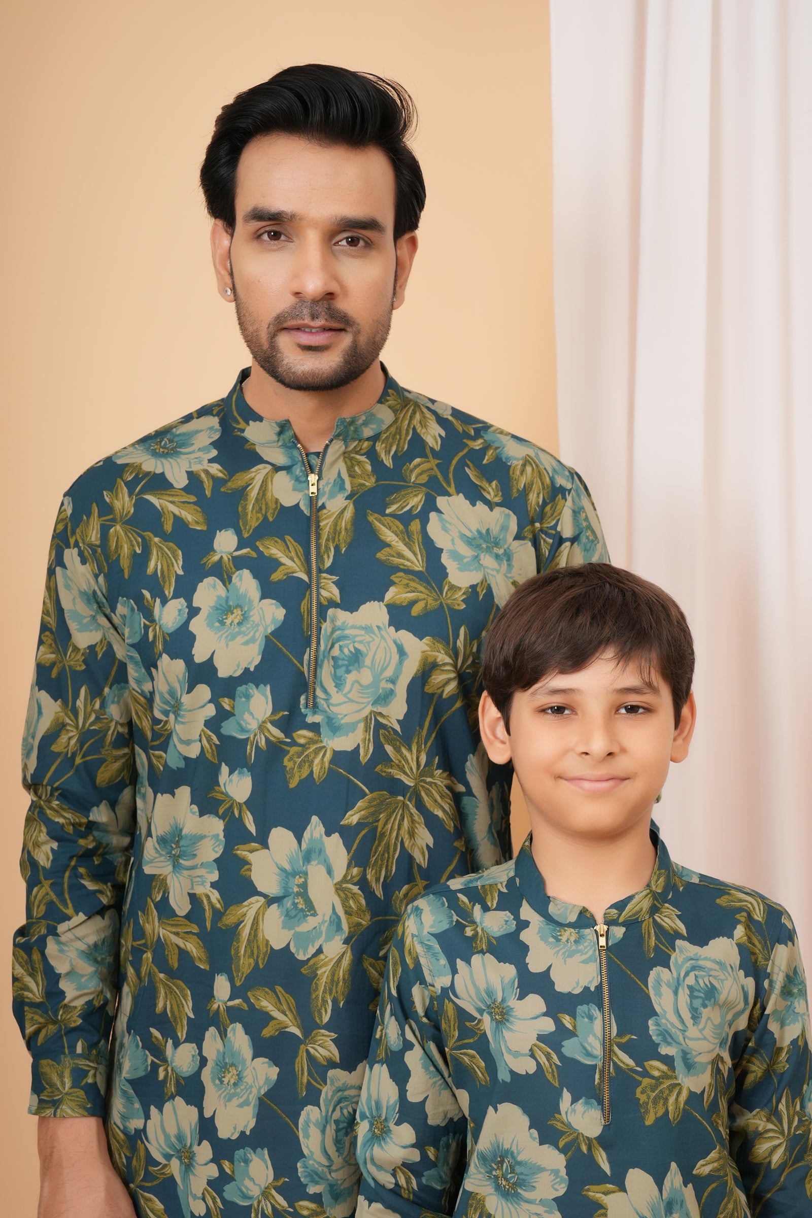 Navy Blue Floral Print Kurta Baap Beta Duo