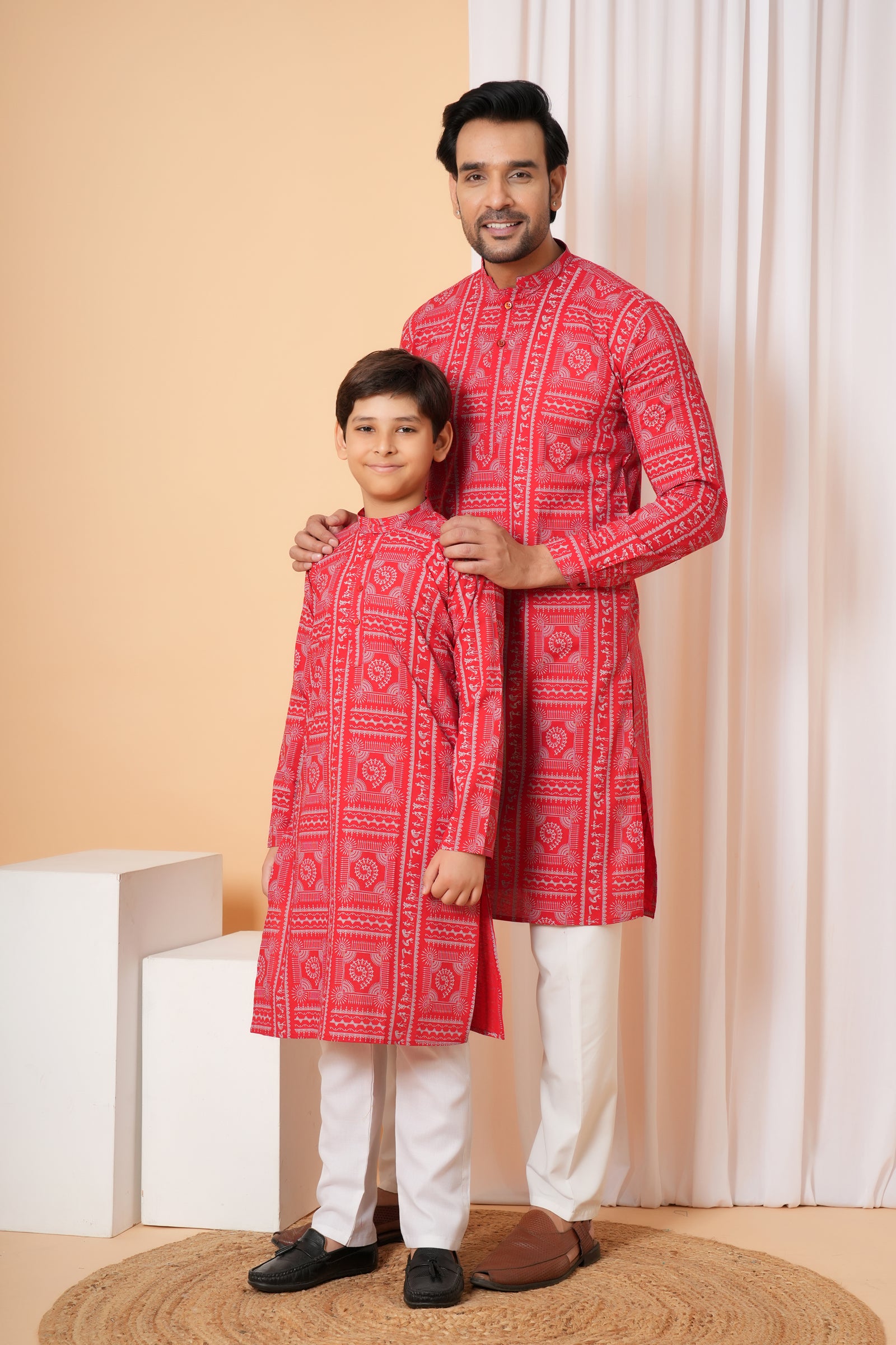 Traditional Tribal Pattern Folk Print Ethnic Cotton Kurta for Baap Beta Duo - Coral Red