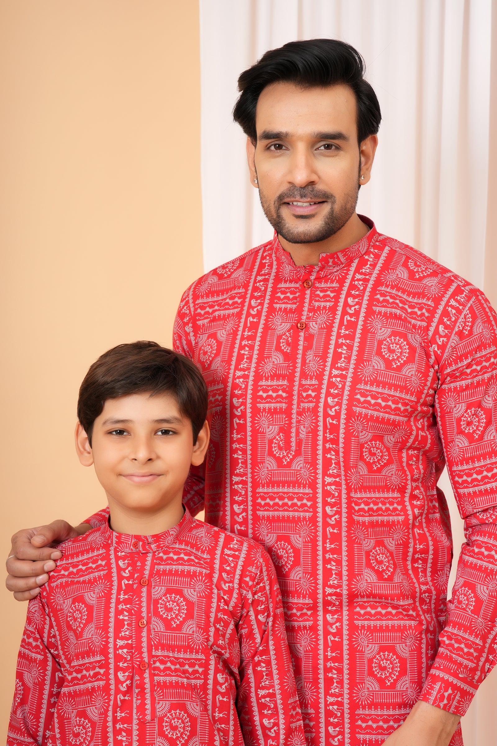 Traditional Tribal Pattern Folk Print Ethnic Cotton Kurta for Baap Beta Duo - Coral Red