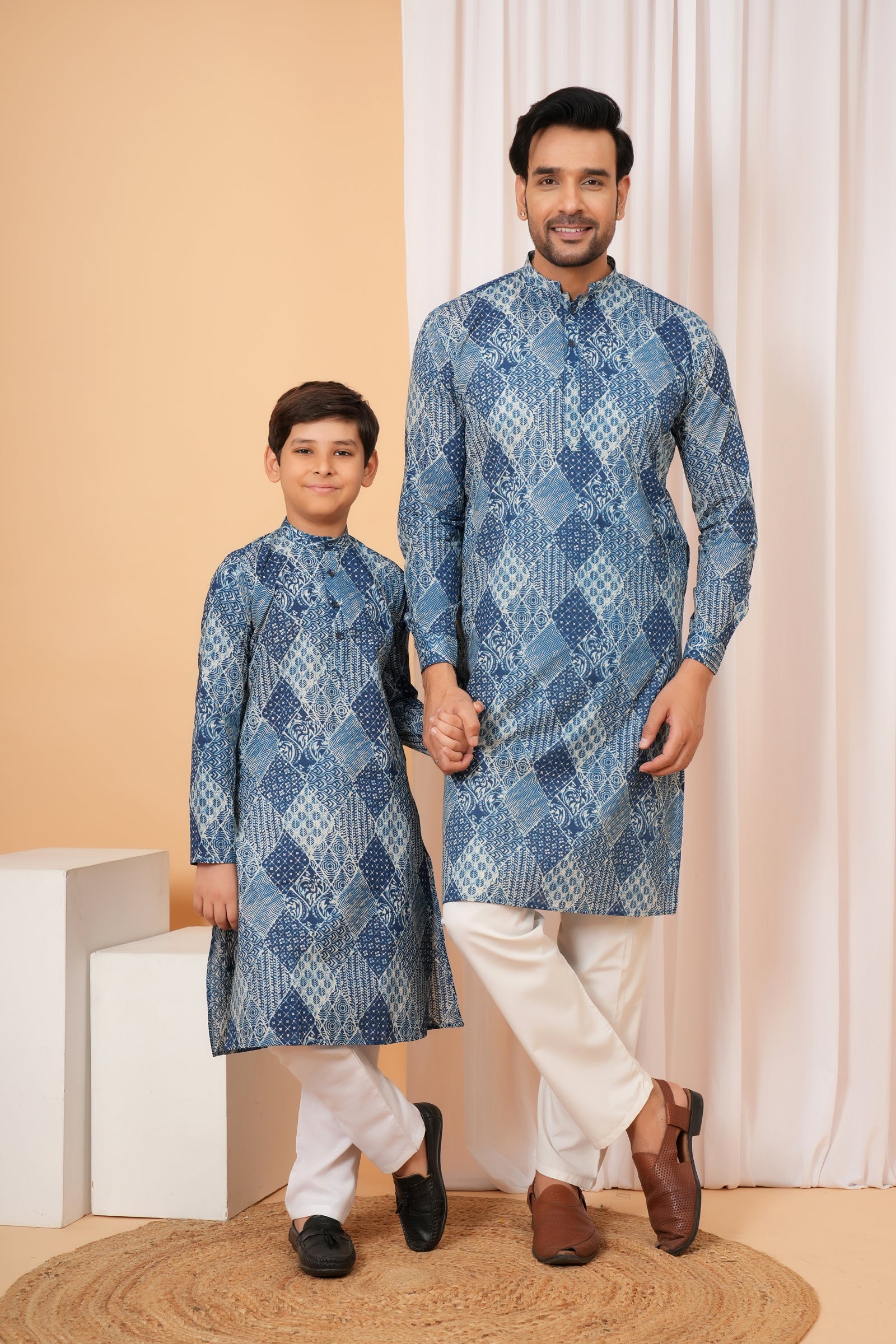 Traditional Patchwork Geometric Pattern Ethnic Cotton Kurta for Baap Beta Duo - Indigo