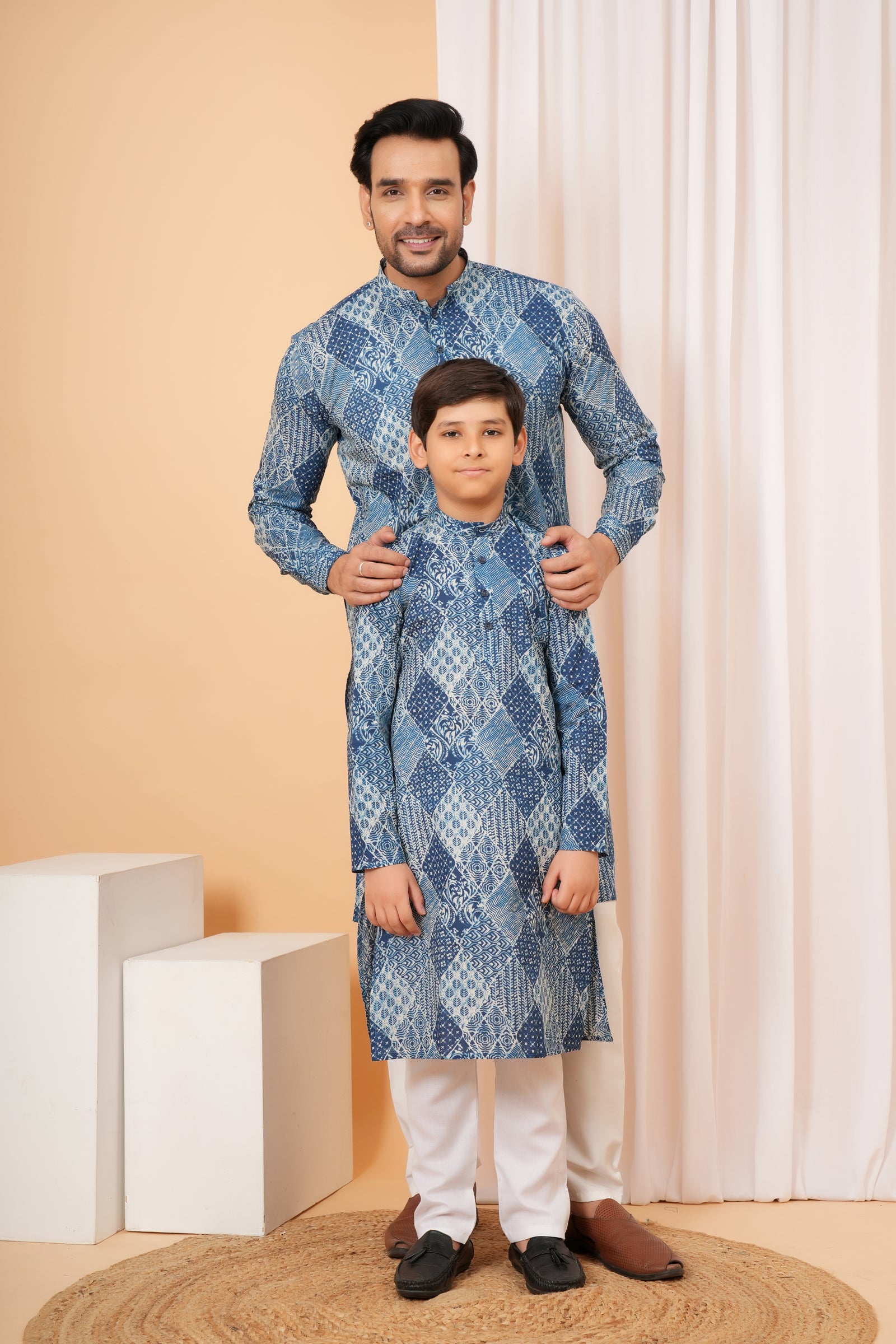 Traditional Patchwork Geometric Pattern Ethnic Cotton Kurta for Baap Beta Duo - Indigo
