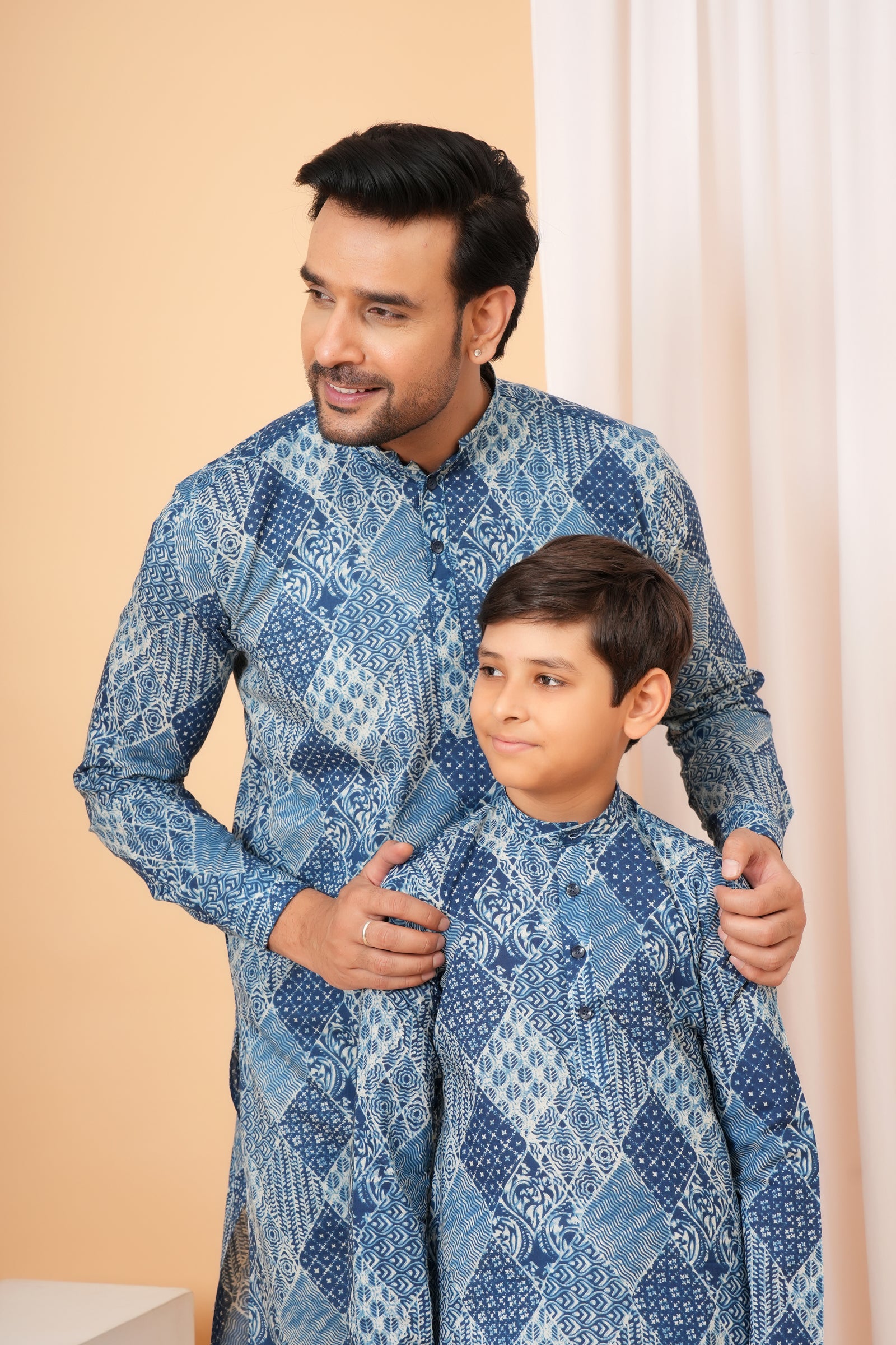 Traditional Patchwork Geometric Pattern Ethnic Cotton Kurta for Baap Beta Duo - Indigo