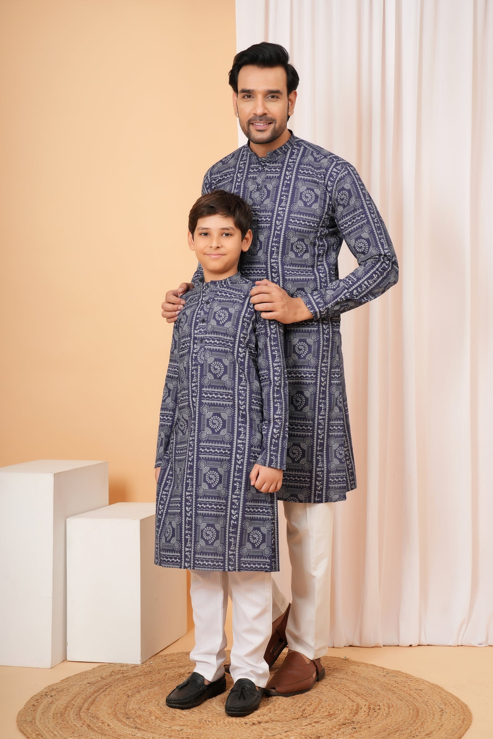 Traditional Tribal Pattern Folk Print Ethnic Cotton Kurta for Baap Beta Duo - Indigo
