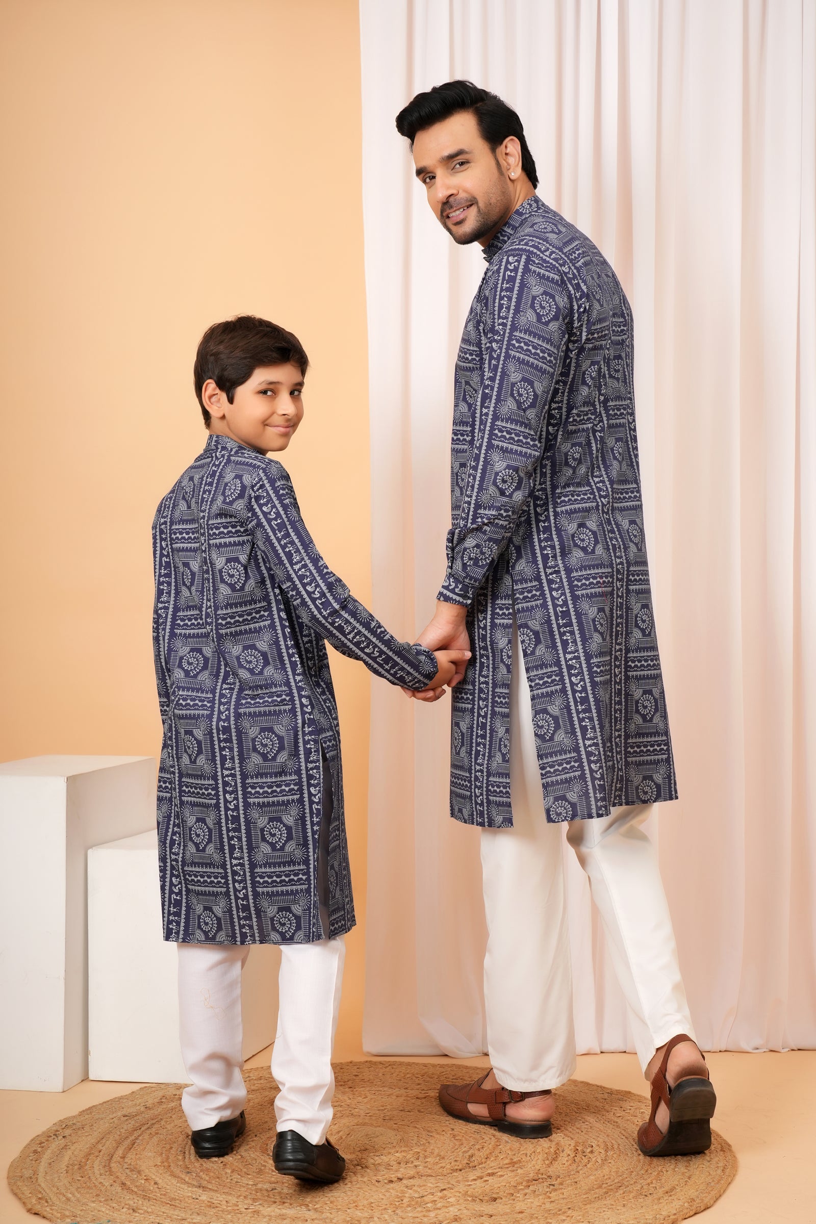 Traditional Tribal Pattern Folk Print Ethnic Cotton Kurta for Baap Beta Duo - Indigo