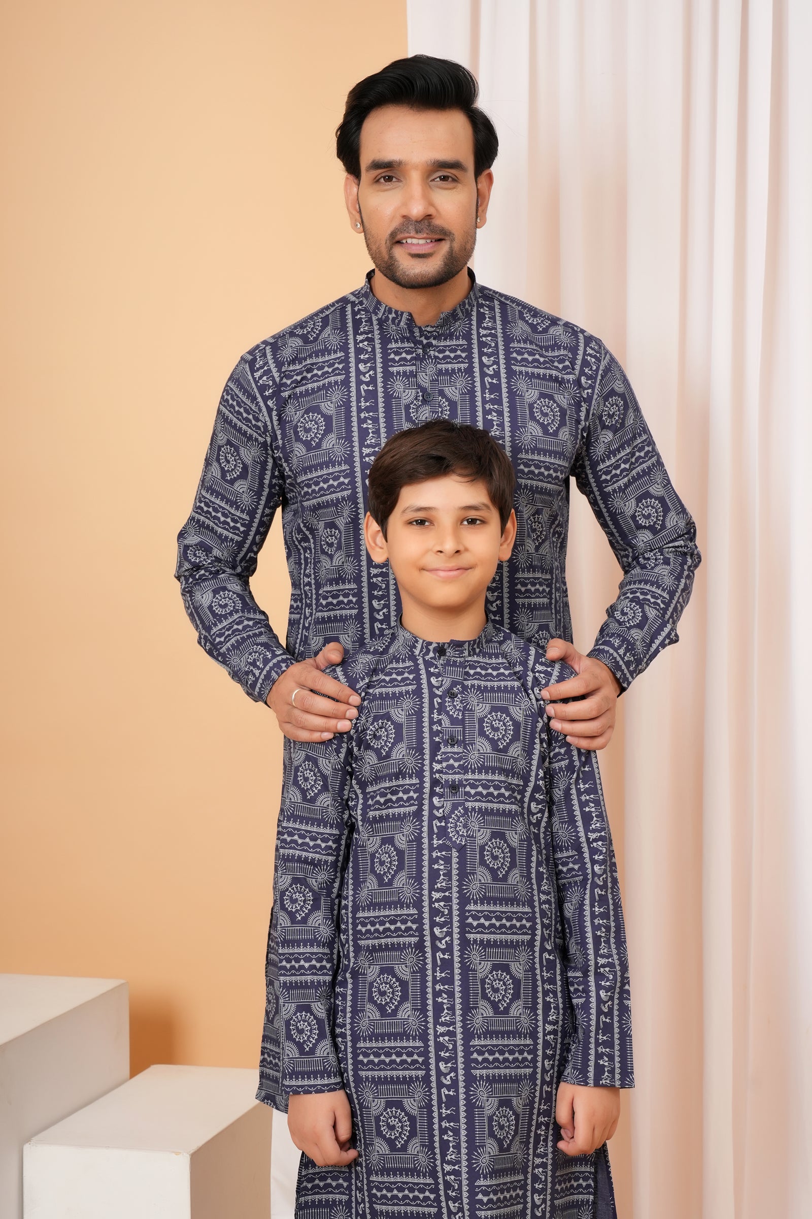 Traditional Tribal Pattern Folk Print Ethnic Cotton Kurta for Baap Beta Duo - Indigo