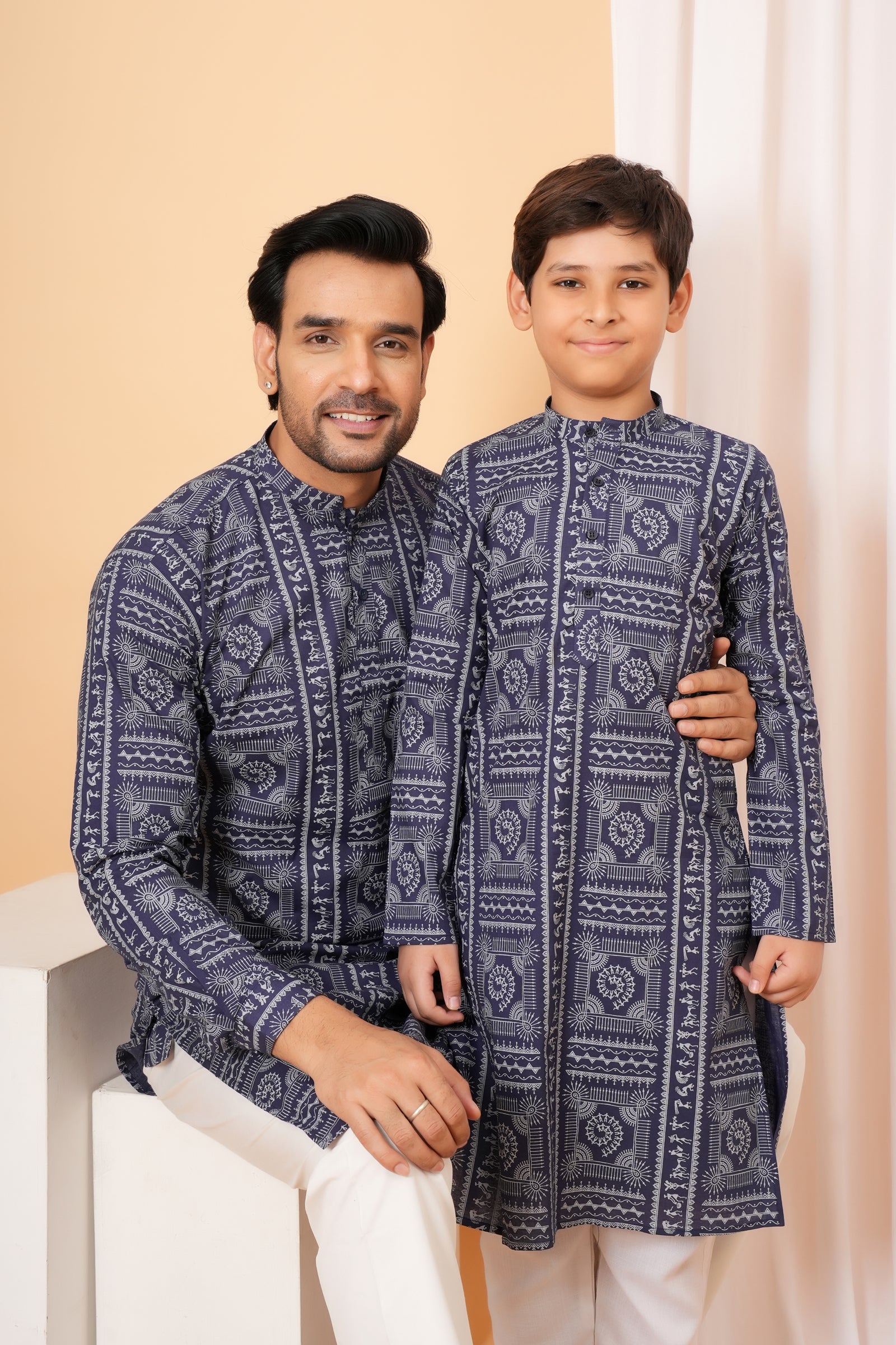 Traditional Tribal Pattern Folk Print Ethnic Cotton Kurta for Baap Beta Duo - Indigo