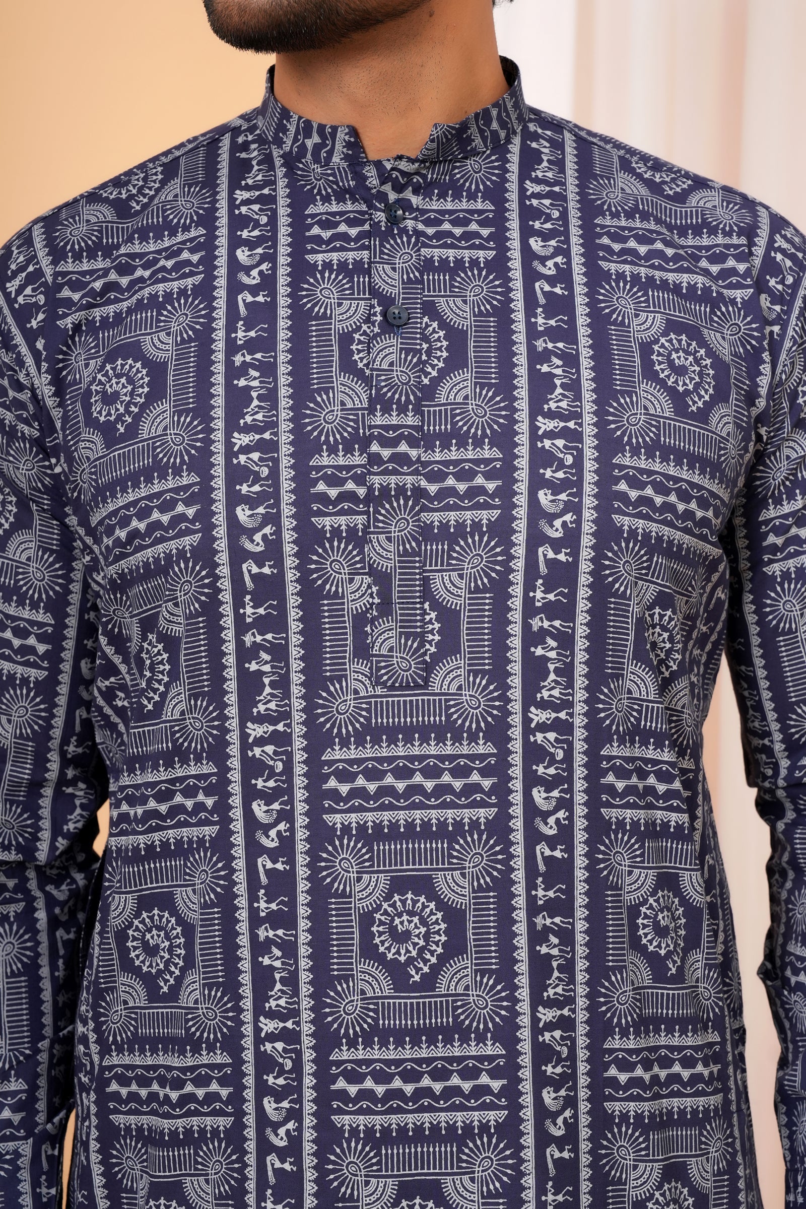 Traditional Tribal Pattern Folk Print Ethnic Cotton Kurta for Baap Beta Duo - Indigo