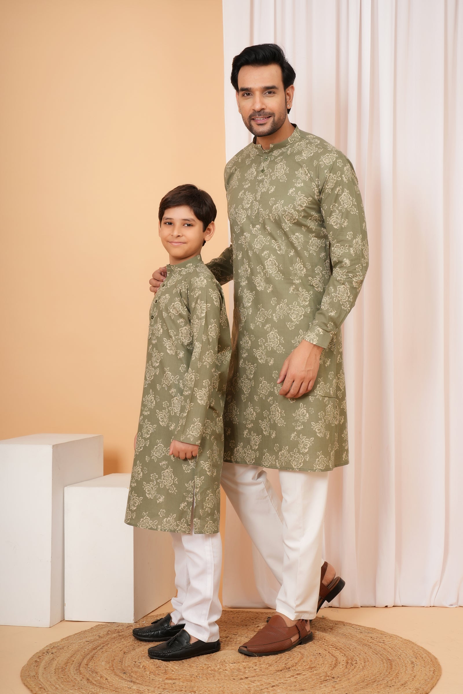 Traditional All Over Floral Printed Ethnic Cotton Kurta - Olive Green