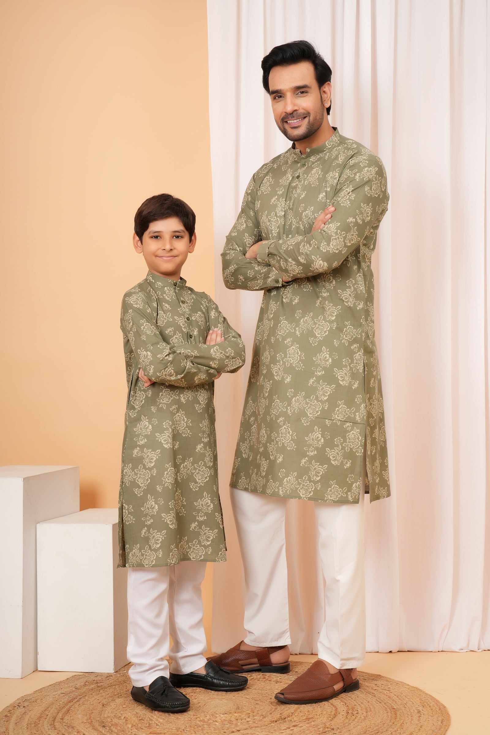 Traditional All Over Floral Printed Ethnic Cotton Kurta - Olive Green