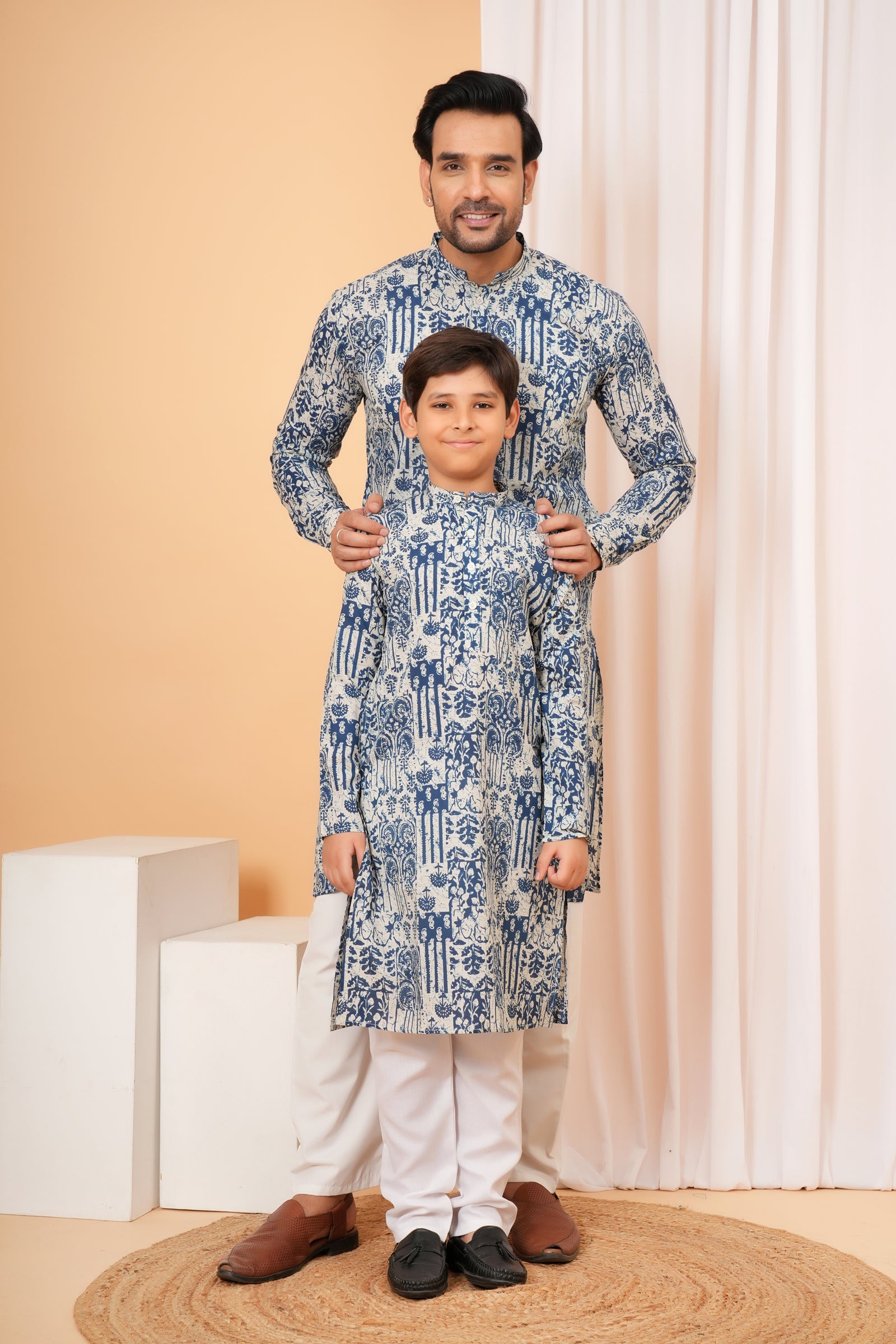 Traditional Heritage Design Vintage Printed Ethnic Kurta for Baap Beta Duo - Blue