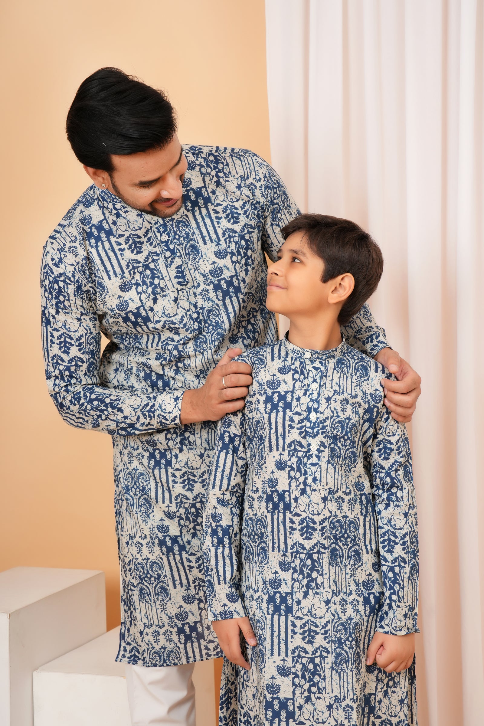Traditional Heritage Design Vintage Printed Ethnic Kurta for Baap Beta Duo - Blue