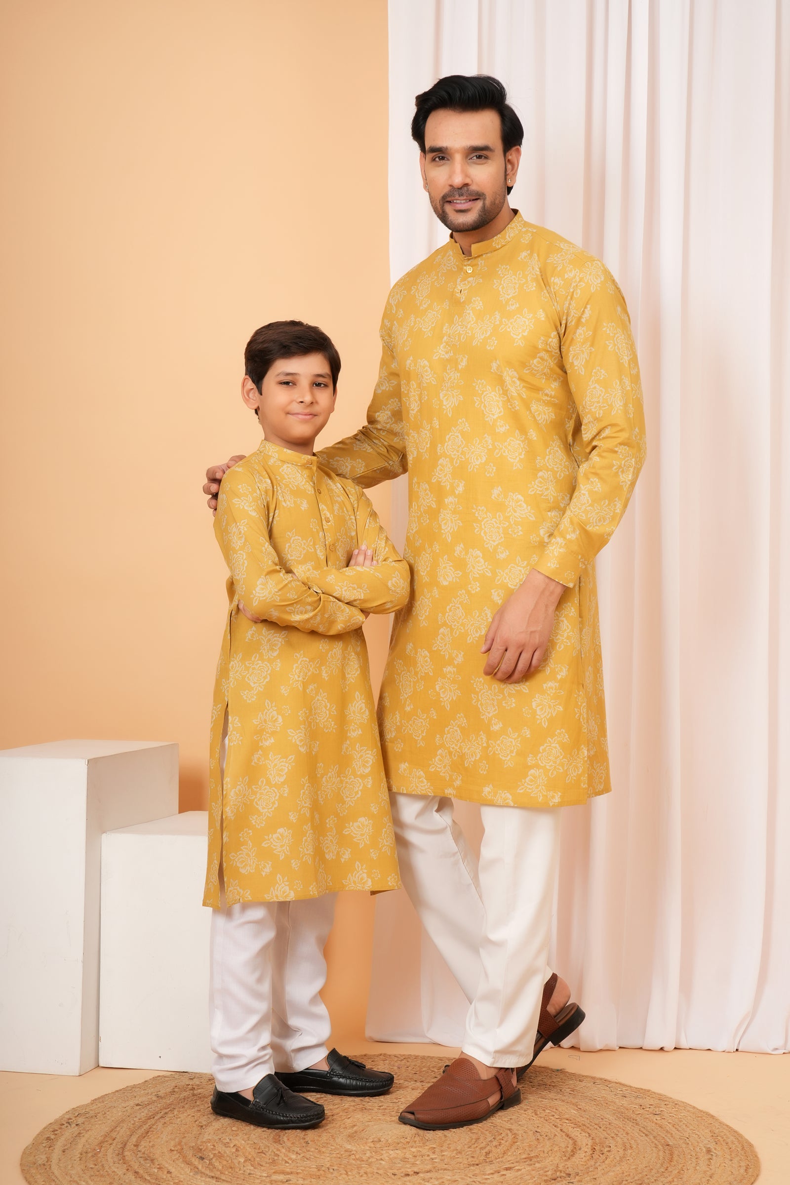 Traditional All Over Floral Printed Ethnic Cotton Kurta - Mustard Yellow