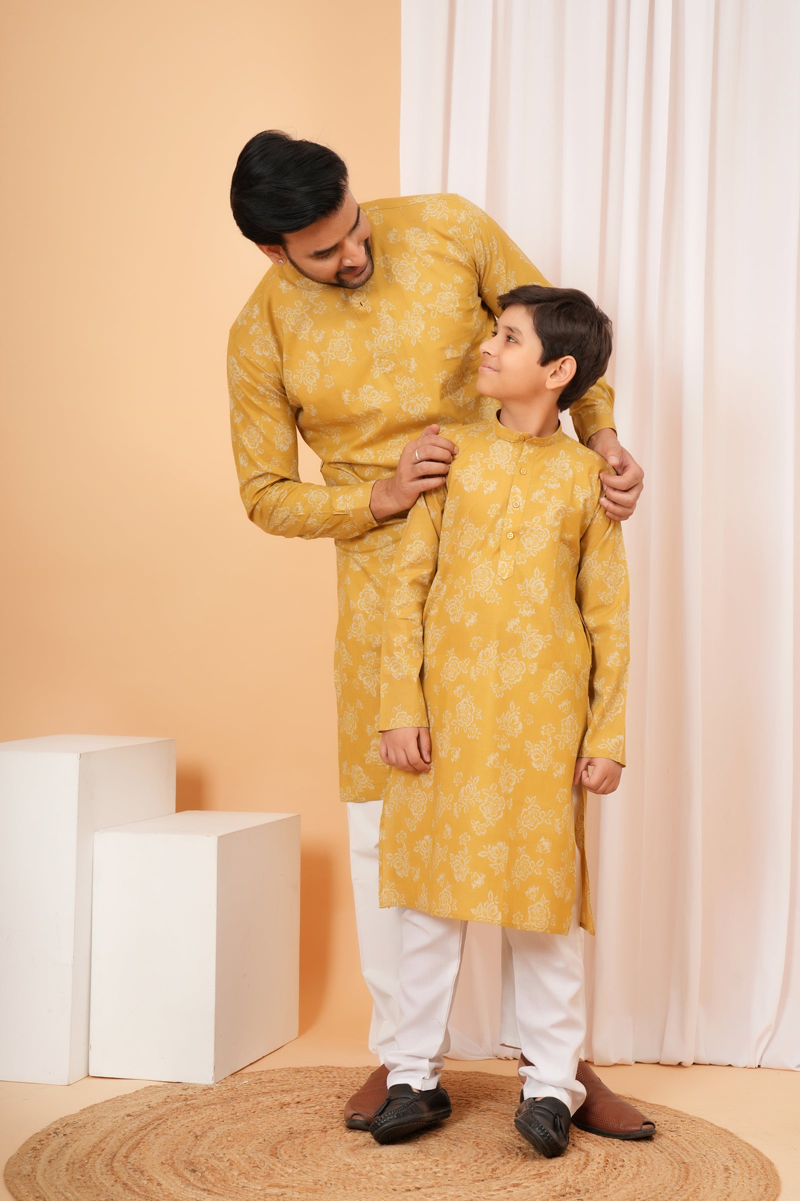 Traditional All Over Floral Printed Ethnic Cotton Kurta - Mustard Yellow