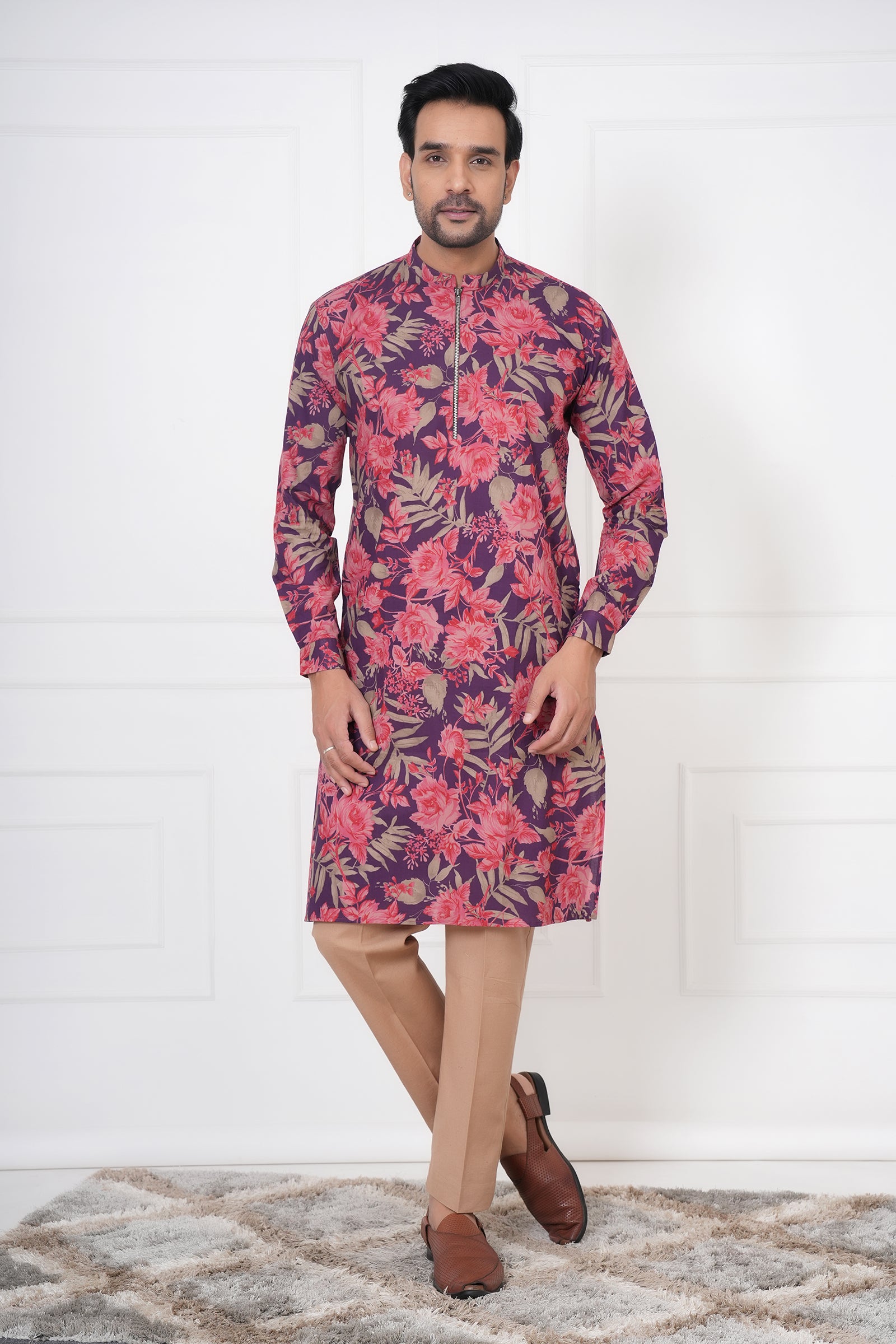 Men's Traditional Printed Red Kurta