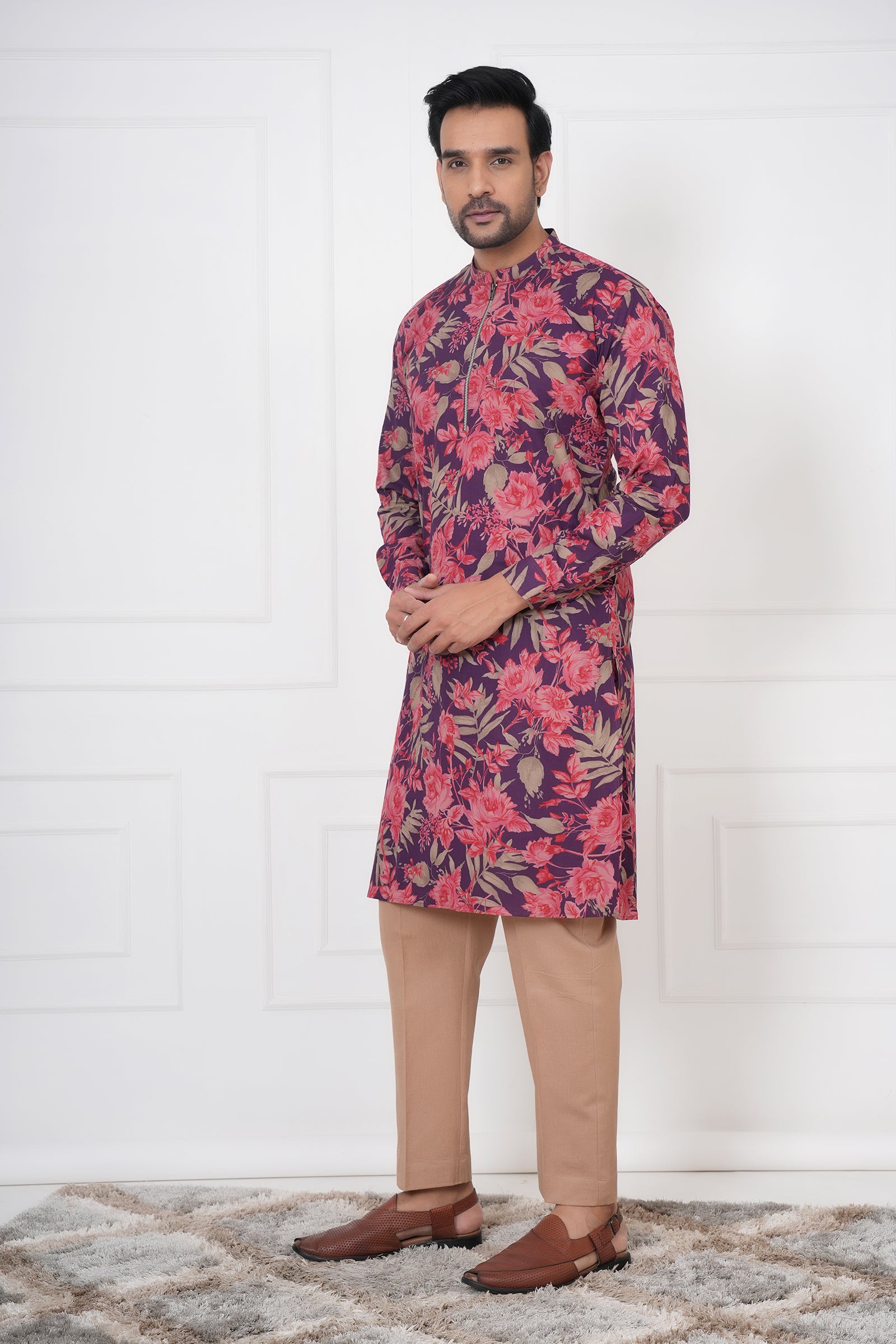 Men's Traditional Printed Red Kurta